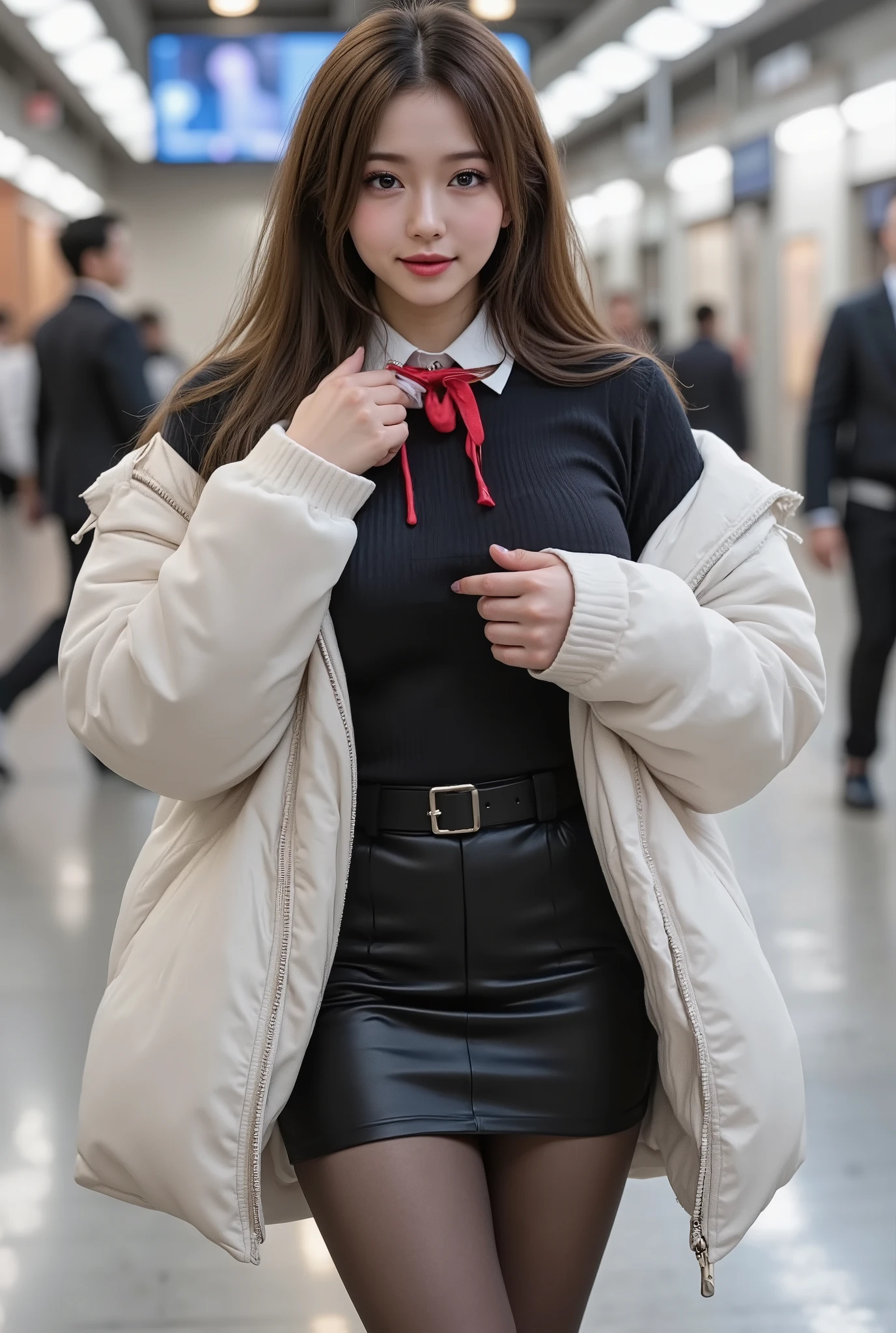 (( long distance shot :2.0))、(16k、 RAW photos ,  top quality, masterpiece)、(Actual photo)、(realistic pictures)、 Learn more,  beautiful eyes,  very detailed and beautiful ,  amazing details 、 BEAUTY WITH PERFECT BODY 、 real face,  detail your face down to the smallest detail、 brown hair、Long hair curls、 Fluffy Curly Hair 、Curly hair with a three-dimensional effect、 large almond-shaped eyes 、 eyeliner is soft brown、Thick eyeliner 、Light false eyelashes 、Beautiful older sister、 cute beauty with perfect body 、 glowing skin、 glossy lips、 high resolution face and skin texture 、 detailed eyes 、double eyelids、Eyes are black、blue eyes、 Has bangs、A wide shot of a character、 full body shot:1.3、Foot Shot、Fluffy white down jacket、 show white micro bikini 、 black sweater with red bowtie collar、 black miniskirt inserted from behind、 black tights、 high heels、station、stationのホームで立っている