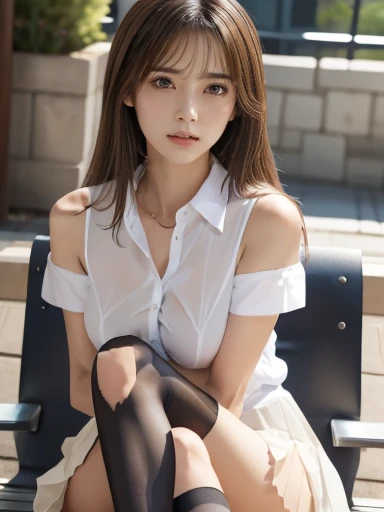 ((highest quality、8K、masterpiece:1.3))、Standing ceremony、sharp focus:1.2、(real、photorealistic:1.37)、A sloppy smile、Feet to the viewer、Feet in front of the audience、beautiful face woman、28 years old、pointed chest、NSFW、long eyelashes、colored contact lenses、big breasts 、delicated、very detailed eyes、highly detailed eyebrows、(sharp eyebrows)、(thin eyebrows).highly detailed face、(brunette tousled hair:1.3),(((A white shirt that you avoided getting wet:1.4)))、small necklace、white panties、((black thigh socks:1.4))、beautiful thighs、from below、detailed background(8K、masterpiece、highest quality、raw photos)、Knee-high boots、Touching the thigh、Raise one knee、Quiet residential area