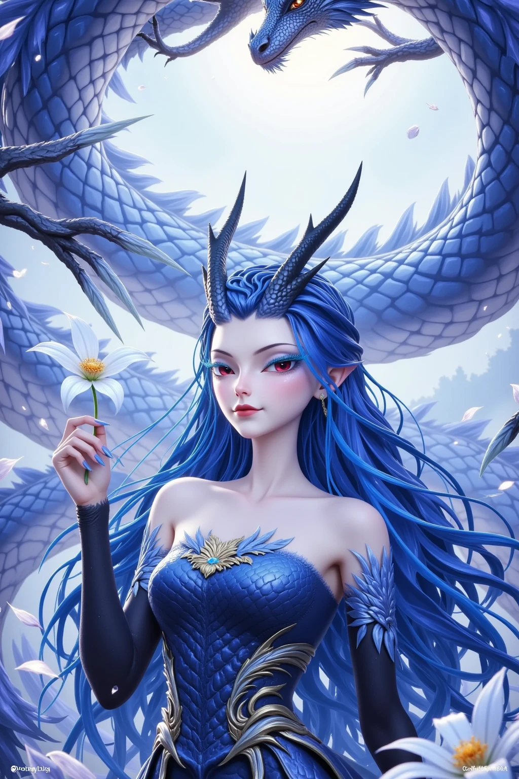 a close up of a woman in a blue dress sitting on a dragon, queen of dragons, 2. 5 d cgi anime fantasy artwork, dragon girl, 8k high quality detailed art, fantasy art style, epic fantasy art style, epic fantasy art style hd, devianart and cgsociety, fanart best artstation, blue scales covering her chest, digital fantasy art )