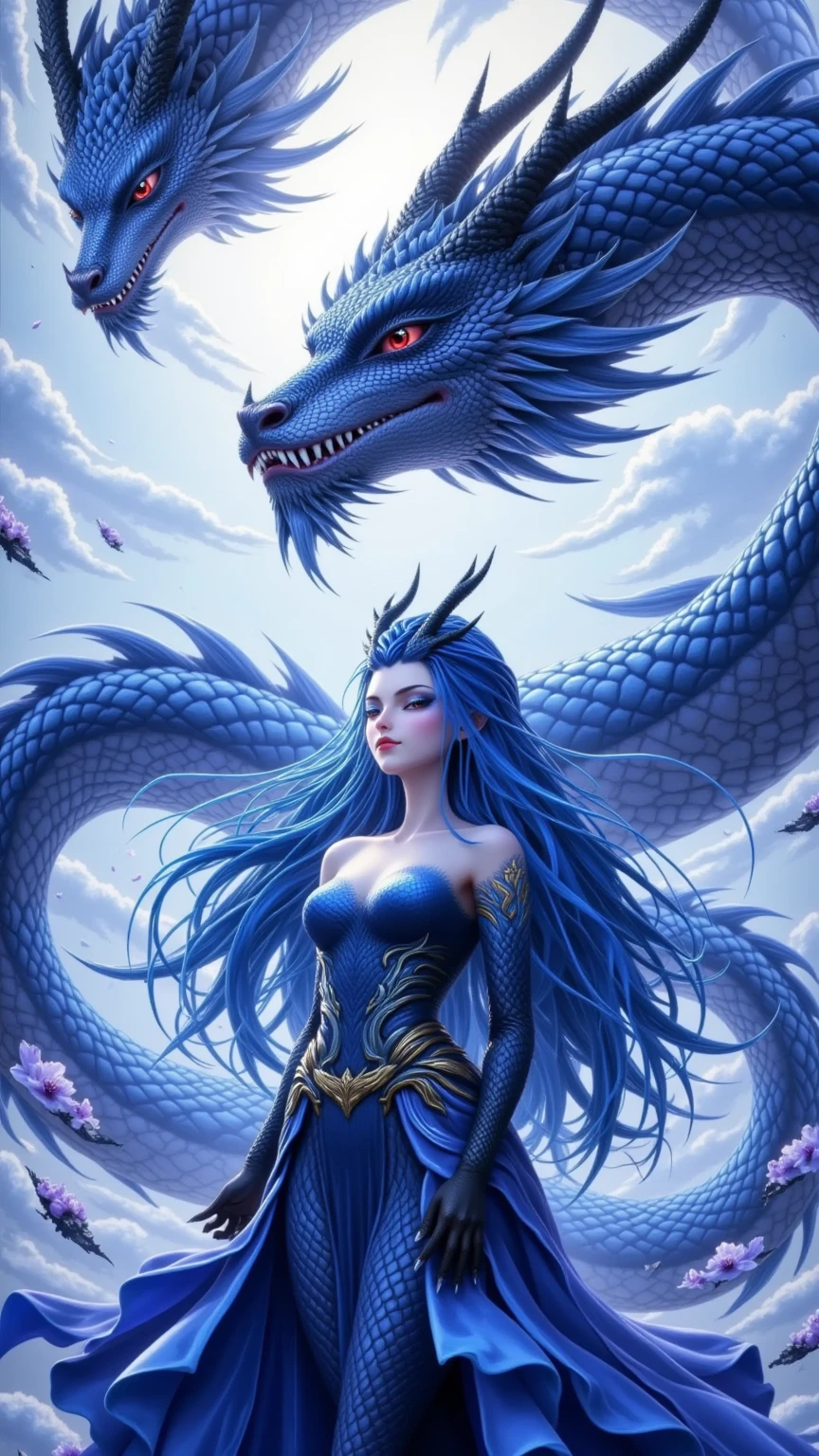 Blue Western dragon，blue  hair，Blue eyes，White dress，Purple flowers，Bigchest，Big ass，Dragon wings，Dragon's horn，Beauthful