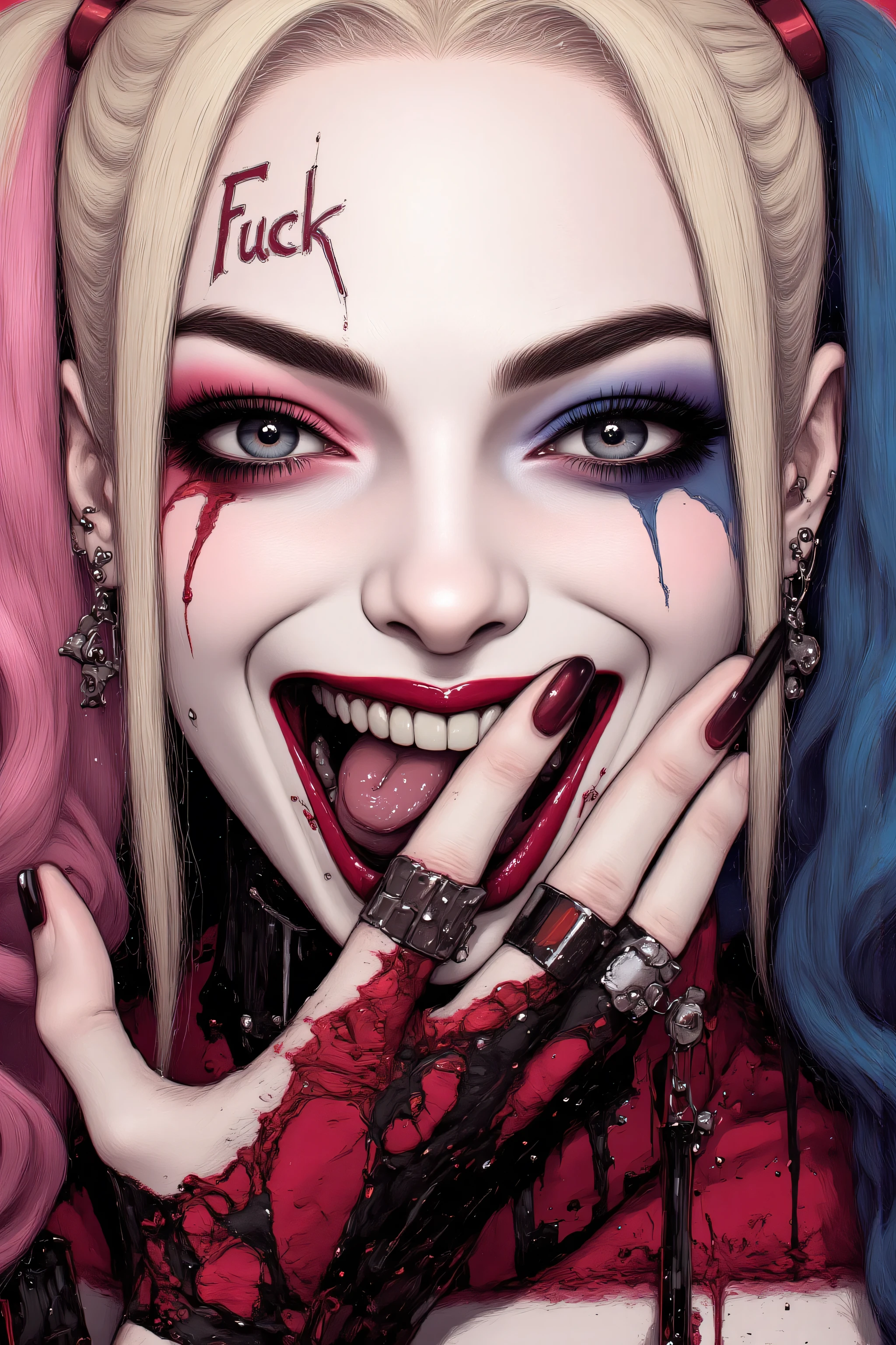 ((face close up,face forcus,extreme close-up shot)),beautiful detailed eyes,Highest Image Quality,best quality ,Ultra-high definition,detailed face, beautiful face ,( Harley_Quinn - Suicide squad) ,fuck sign,(fuck gesture),((flesh scar,blood splatter)),tongue out,(tattoo),depression,woman,close d right eye,(grin),;p,　　,exquisite digital illustration,CreepyCute