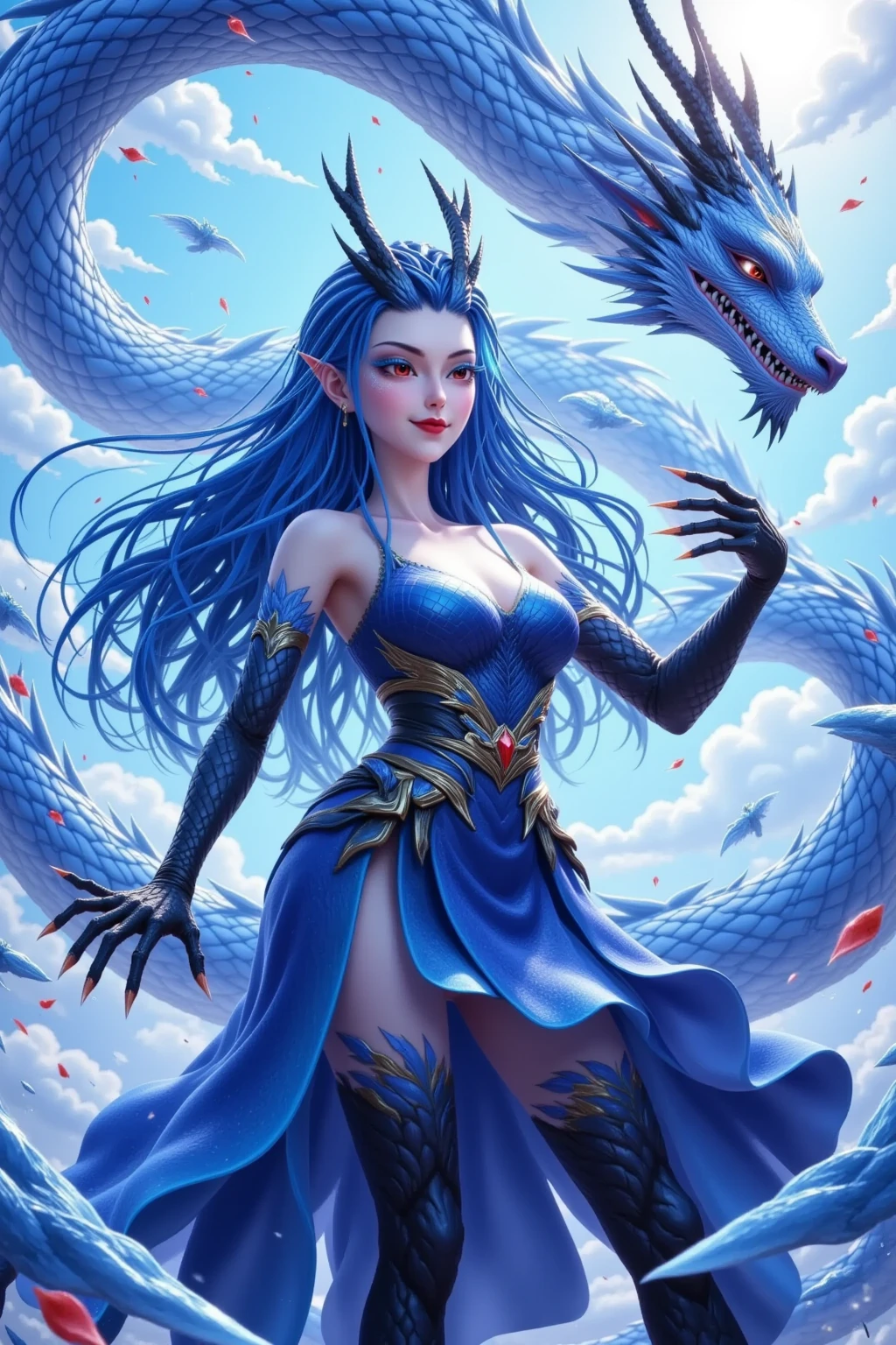 a woman in a black dress holding a sword and a blue and white dragon, concept art by Yang J, pixiv, fantasy art, beautiful celestial mage, fantasy art style, ((a beautiful fantasy empress)), dark witch character, /!\ the sorceress, arcane art style, discord profile picture, epic fantasy art style, :: rossdraws