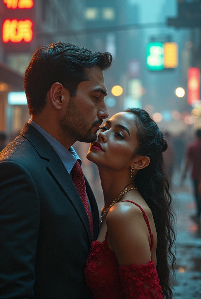 A man and girl watching each other with full of love and glow eye behind the beautiful city in a night.