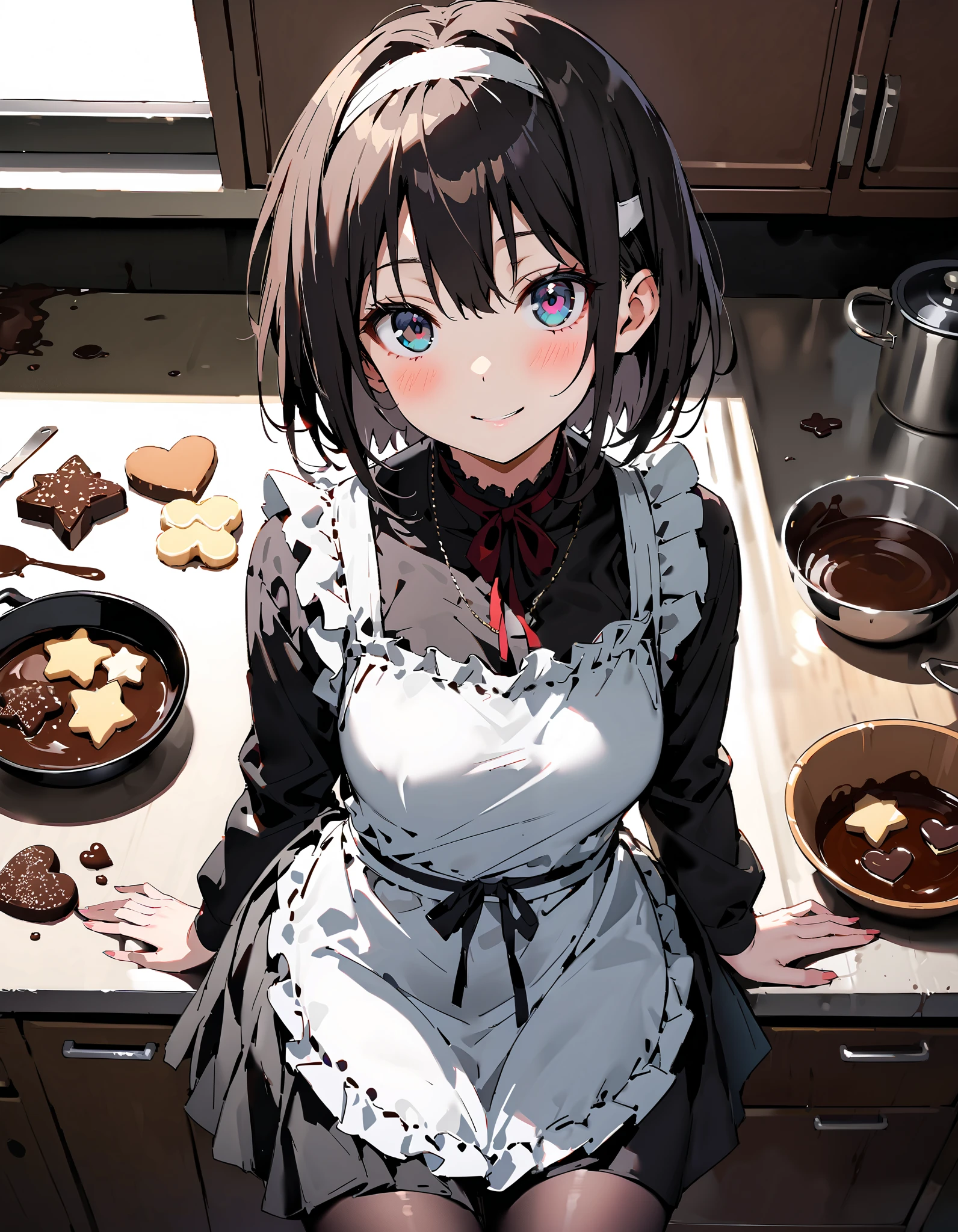 yuukikonno, Konno Yuuki,Alone, white headband , bob cut, black hair,black eyes,smile,blush, mouth,Black sailor suit, Long Sleeve, black mini skirt, black pantyhose, ruffle apron,Mixing melted chocolate in a bowl , heart-shaped cookie molds and chocolate treats on the countertop,whole bodyがイラストに入るように,
break indoors,  kitchen,
break looking at viewer,whole body,
break ( Masterpiece:1.2), top quality , kampala, Unity 8k Wallpaper,(shape:0.8),(  fine, beautiful eyes  :1.6),It's a person ,whole body写真,CG Details , ( perfect hand, Complete Anatomy),