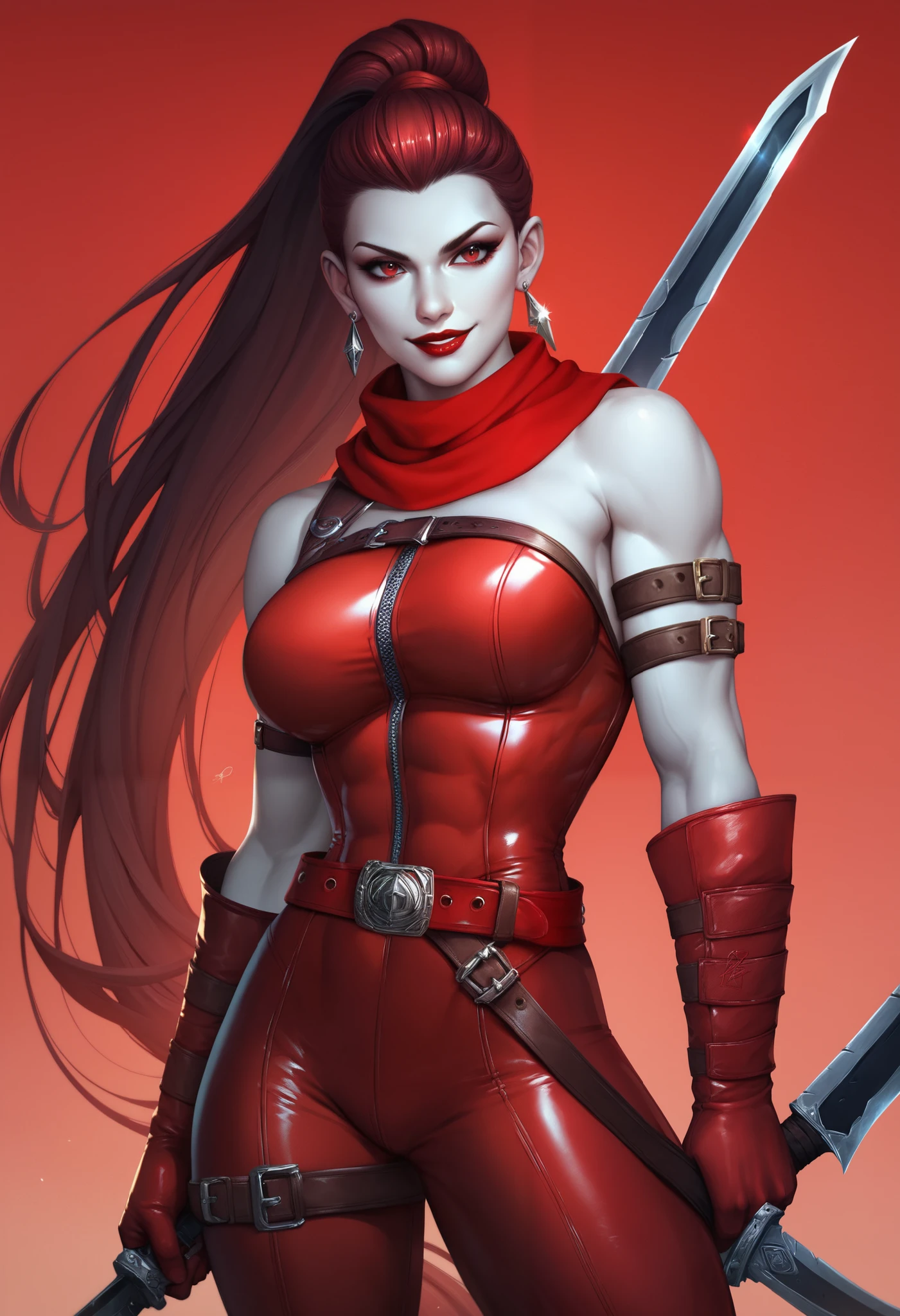 Brutal Red Skin Twi'lek with huge breasts wearing futuristic ((sleek (black) tunic)), robes, cowl, cape, huge breasts, slim hips, small waist, full-body shot, cleavage