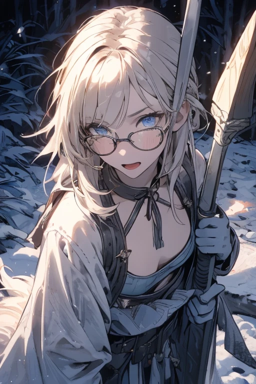 masterpiece, Highest quality, Highest quality, High resolution, concentrated、You can see the top and bottom of your underwear(Sky blue underwear)、Open chest、The crotch is open、Swinging an axe、Warrior Girl(Desperate look)(Horizontal)(White Hair)(Blue clothes)(choker)(belt)(Heart Necklace)(The longest knee-high socks)(Tear bags)(Earrings)、Fleeing Goblin、Side view、Speed