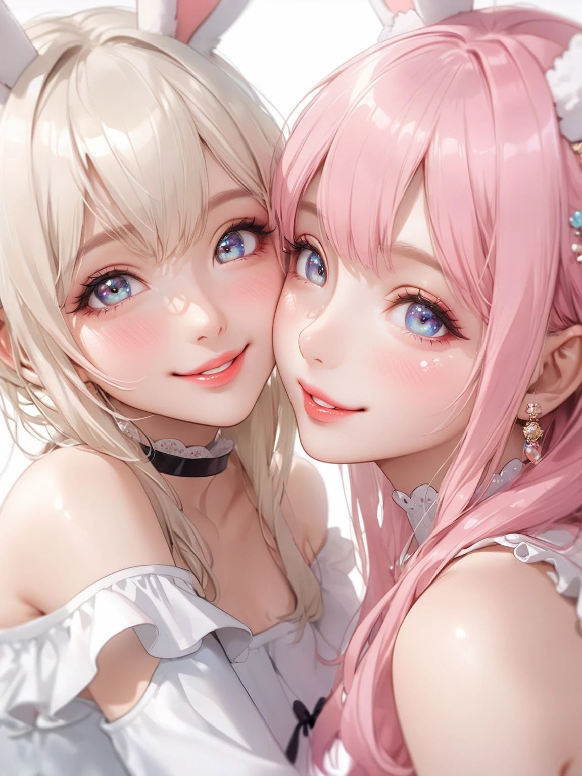 Long hair, breasts, blush, smile, blue eyes, hair between eyes, hair ribbon, earrings, tears, hood, hair flower, Maid hair ornament, halo, backlighting, minimalism, necessary, big breasts, breasts, smile, blush, tears, shy, heterochromia, happy, smile ligera, Dummy, smile satisfecha,