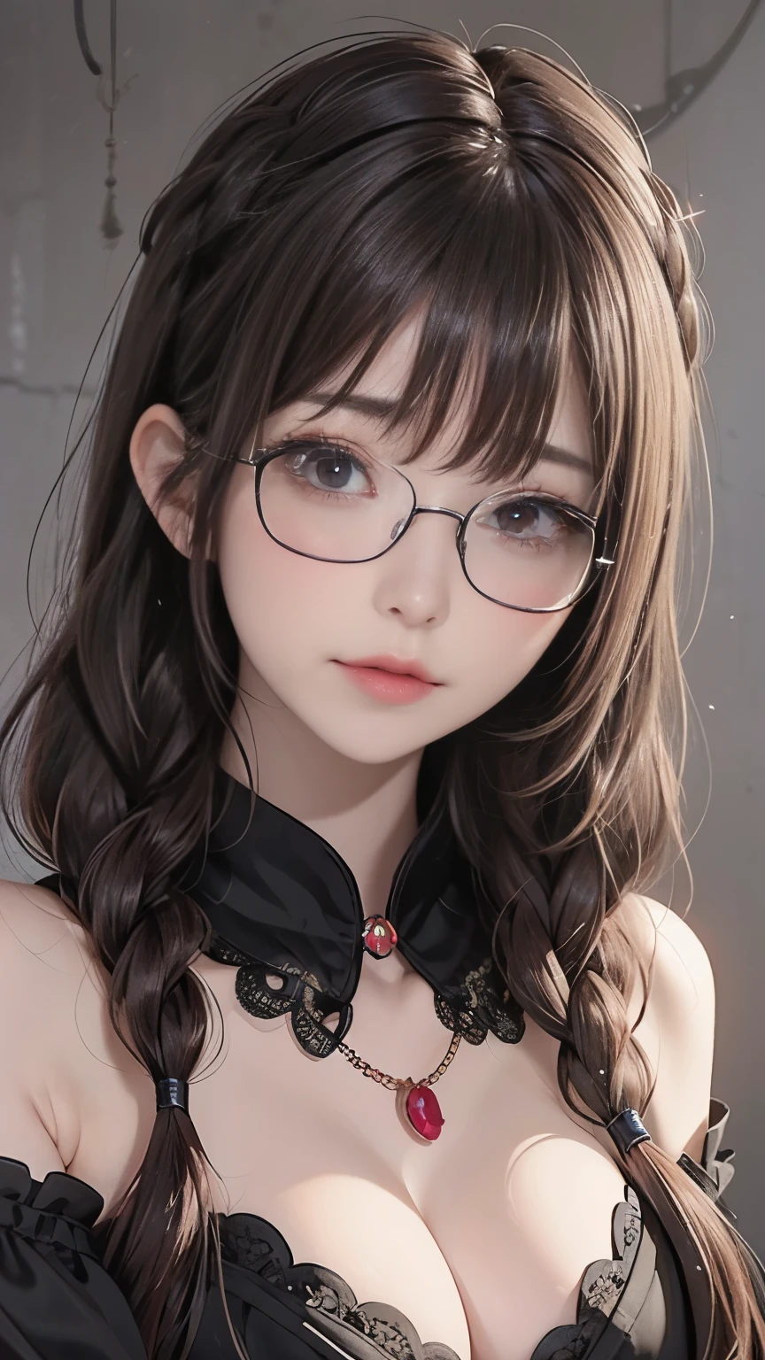background（黒いnight空，Big Moon），Close-up of a woman，Wearing a white shirt、((Black-rimmed glasses))、Purple Hair，Very long hair，very thick braids，Purple eyes，big ， realistic girl rendering, 8k artistic german bokeh, Enchanting girl, Real Girl, Gurwitz, Gurwitz-style artwork, Girl Roleplay, Realistic 3D style, cgstation Popular Topics,, 8K Portrait Rendering,（truth，truth：1.4），巨big ，Sparkling eyes，Purple eyes、Captivating beauty、Attractive adult woman、Beautiful woman、Cool girl、evil female、brainwashingされた、brainwashing、Fallen into evil、Grin、邪evilな表現、邪evilな笑顔、evil、Brown Hair、Wavy Hair、Swept-apart bangs、Heavy makeup、Heavy makeup、Sharp Eye、Hollow Eyes,Half-closed eyes、Hollow Eyes、Purple Eyeshadow、Black lipstick、Black lip gloss、Long black cheongsam、Wide sleeves、night、Spooky Fortressscape Brush、Compensate、Are standing、