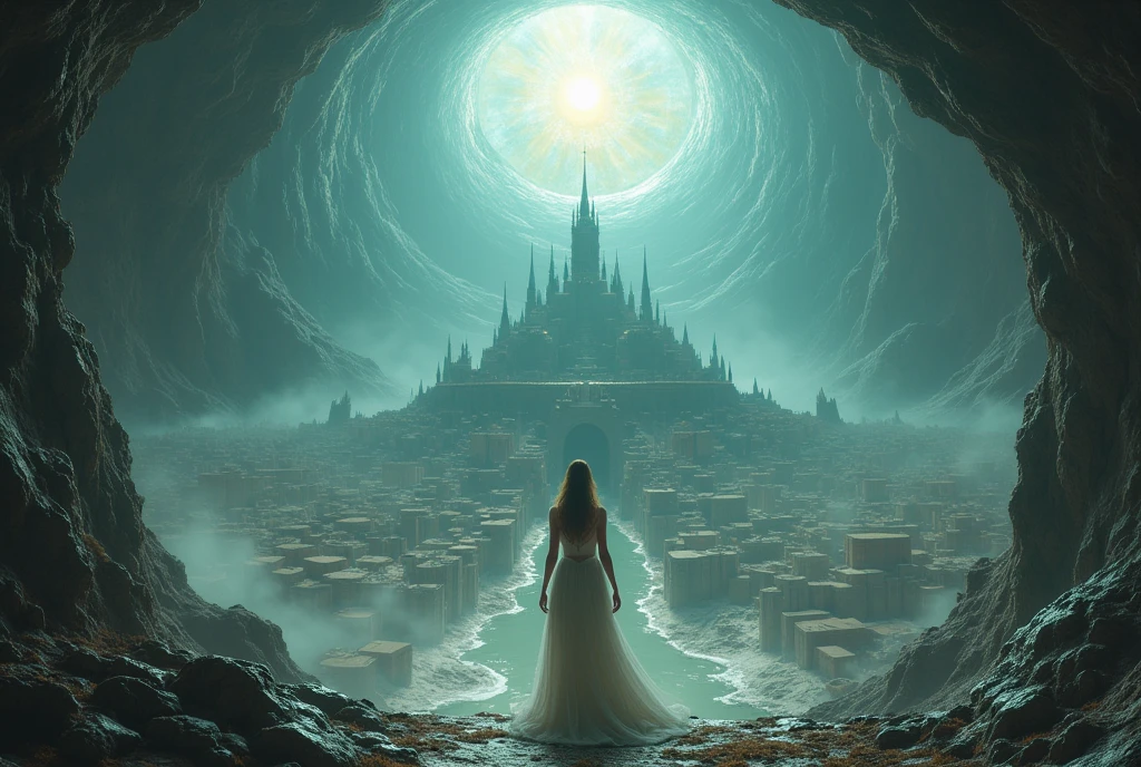 ((masterpiece, highest quality, Highest image quality, High resolution, photorealistic, Raw photo, Extremely detailed CG unified 8k wallpaper)), (stunning goddess shot, Very hot and , Incredible beauty, Perfect Proportions, Beautiful body, Slim body beauty:1.4), Underworld Realm, A city spread out in a vast underground space, with a luxurious royal palace on a central hill, surrounded by a maze of castle towns, with no sky and a crystalline sun shining on the ceiling bedrock,