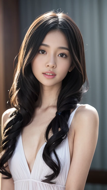(photograph:1.2)、(photorealistic:1.3)、(masterpiece:1.3)、(Highest image quality:1.4)、ultra high resolution、(detailed eyes)、(detailed facial features)、(Detailed garment features)、8K resolution、solo focus、26 year old mature woman、no makeup、Detailed leal beautiful eyes、bangs、gold hair、long cut hair, braided hair、(realistic skin)、beautiful skin、charming、ultra high resolution、Super realistic、High definition、Camisa branca aberta、small breasts、bust B cup、cool beauty、Gray background、cinematic lighting、perfect、soft light、High resolution skin:1.2、realistic skin texture