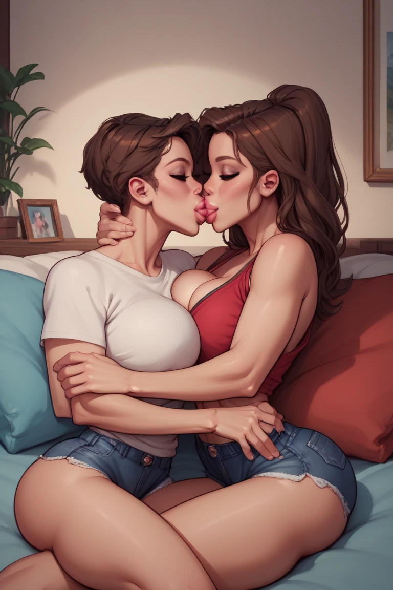 A woman with short dark red hair down to her shoulders and the other woman with long black hair and glasses and has big breasts having sex naked