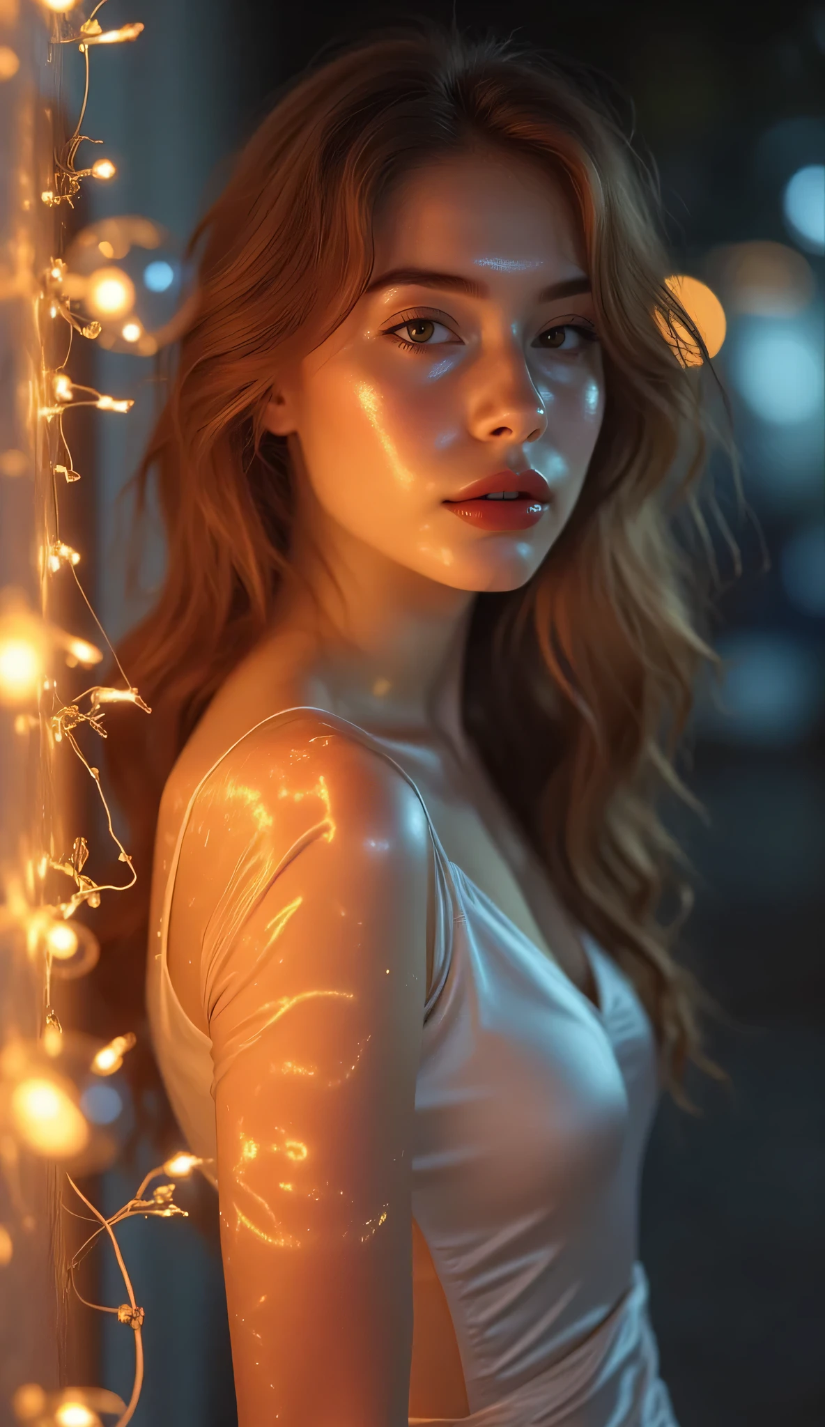 *" Here is a gorgeous girl in an elegant tight dress ,  emphasizing her ideal figure .  The dress material is satin or silk ,  it gently shimmers in the light ,  creating the effect of smoothness and color depth .  The dress fits snugly ,  emphasizing the curves of the waist and hips .  A deep V-neck opens the clavicles and emphasizes the graceful neckline.  The back remains fully open , , which adds to the image of sensuality .  A long high slit on the side reveals a slender leg ,  creating a balance between elegance and seductiveness .  The girl's hair is beautifully styled — maybe ,  slightly disheveled curls or perfectly smooth strands ,  falling on her shoulders .  Her gaze is confident , but slightly flirty ,  and her lips are decorated with a barely noticeable mysterious smile .  The background can be made stylish and romantic :  evening city with sky lights , a luxury restaurant with dim lights or the night coast ,  where moonlight reflects in the water . The image quality must be high,  scrapers with perfect fabric texture , skin and light .  The girl's emotions should convey confidence ,  elegance and seductive appeal ."**
