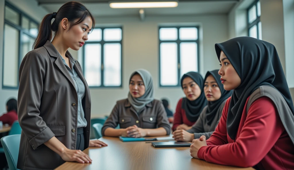 (photorealism:1.2), men,Women, headscarf ,Indonesia,time, sit down,facing forward,shows a blank sheet of paper, blank paper facing the audience,aesthetic, interesting, clear