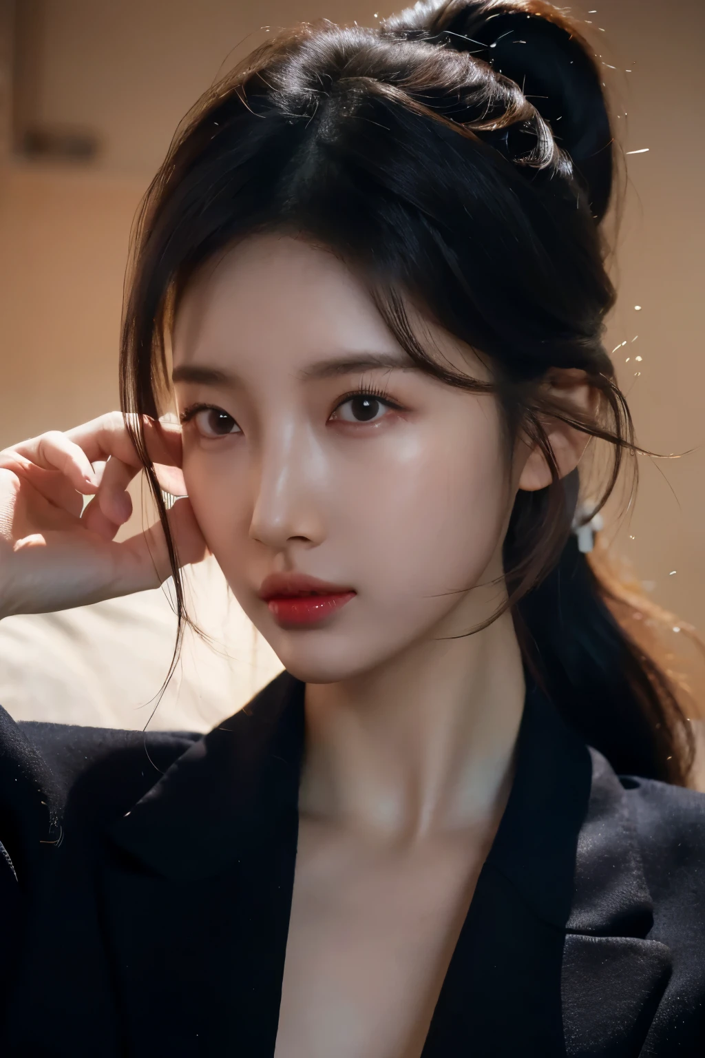 realistic, high resolution, soft light,1 woman, alone, hips up, (detailed face), decorations, toucho,black mafia clothes, Ponytail hairstyle, black hair, My hair is very long., looking for audience, touch, messy hair, close up, small breast, adult, mafia girl boss
