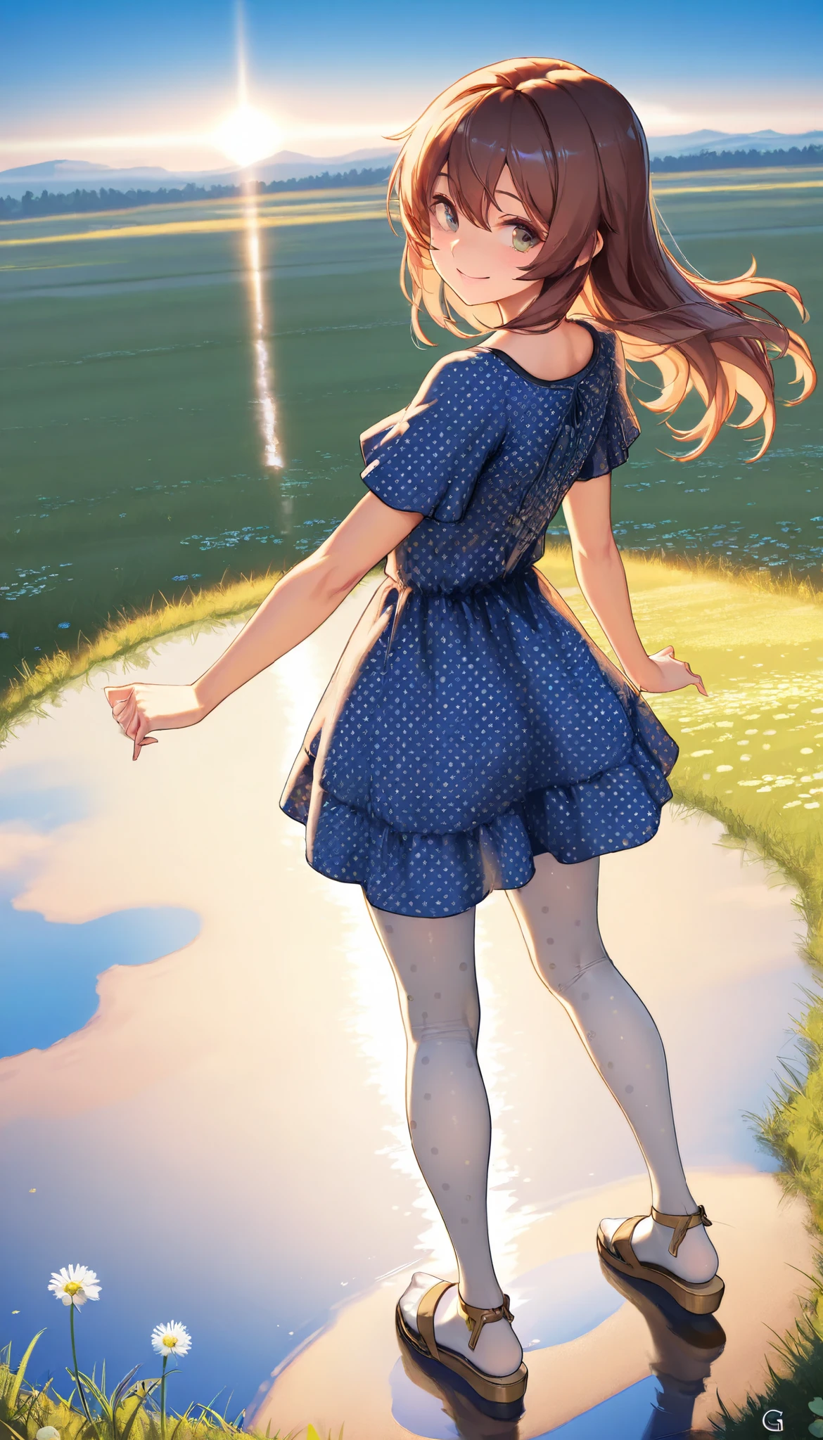 A woman stands on a meadow, , casual mini dress, sandal, (white tights with polka dots: 1.5), (look back and smile: 1.1), The blue sky is reflected in the puddle, View from slightly above, CG, unity, 8k, wallpaper, highest quality, masterpiece, complex textile, detailed background, best lighting, detailed eyes, detailed face
