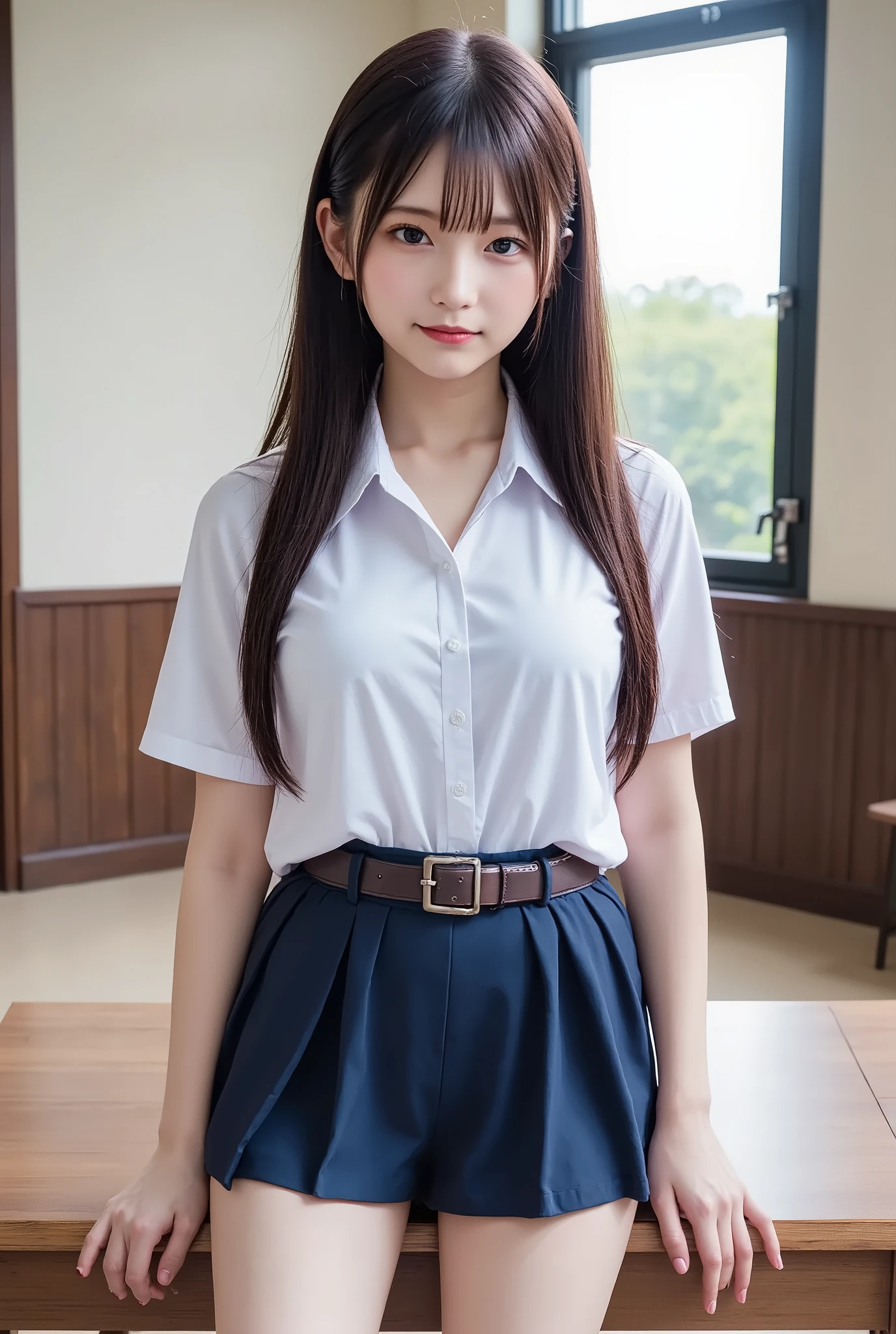 (((((   high school girl、  school uniform)))))、smile、(   long hair：1.5),   upper body,   school classrooms、、  big breasted 、  plump breasts、    sexy pose with skirt on top