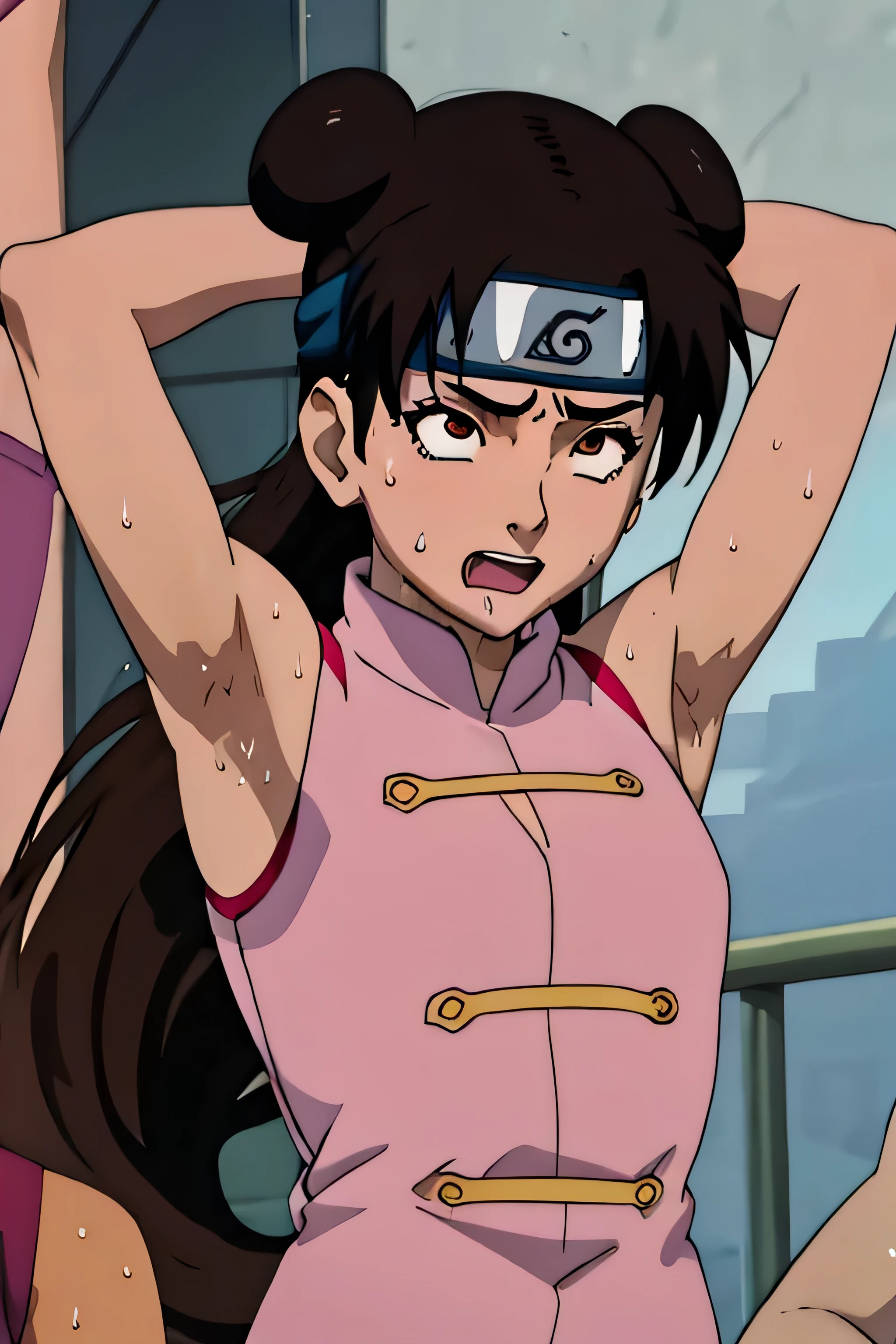 Tenten,human woman.with brown eyes and pink clothing. Her hair is long and brown in color; She is beautiful. Fair skin.Tsundere face. Pink eye shading,mature appearance,armpits,sweat,sweaty,sweaty armpits,arms up,showing armpits,awesome armpits,tongue