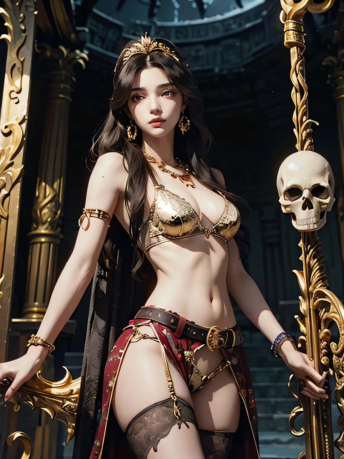 Beauty(Four-armed、Holding a sword in his left hand、Big Breasts、Wearing risqué clothing)、Wearing a skull necklace around his neck、goddess(破壊と殺戮のgoddessカーリー)、The image is of a bikini warrior、