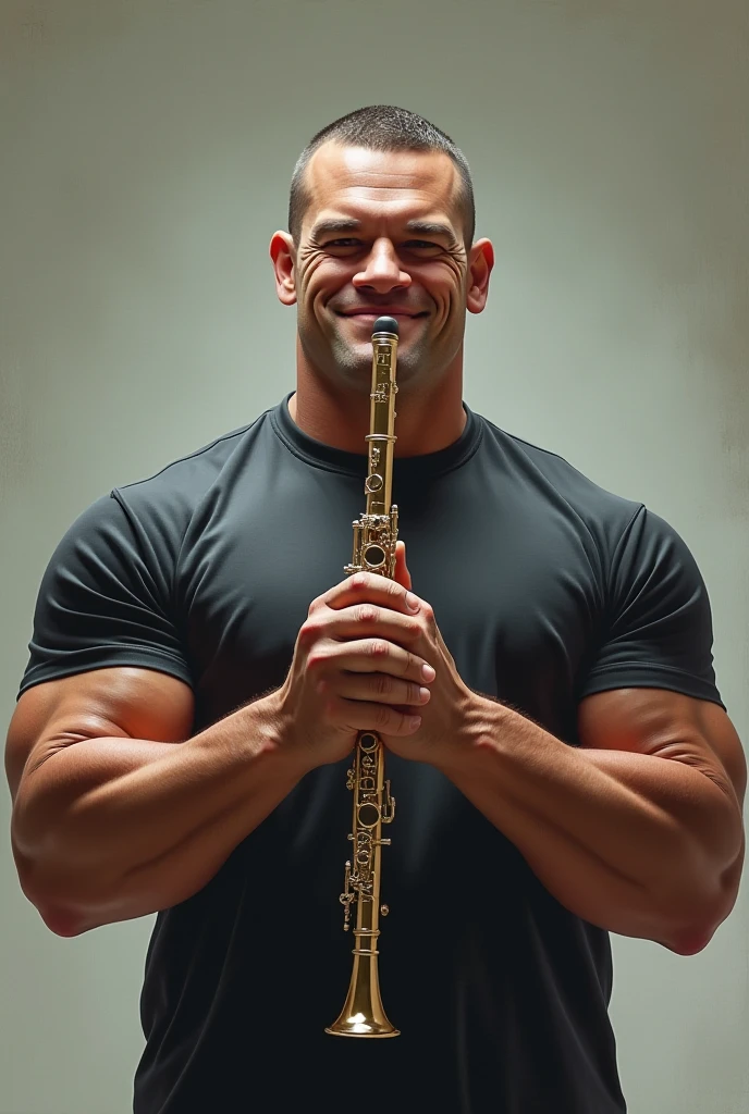 Bare handsome muscular hunk blowing trumpet with full power