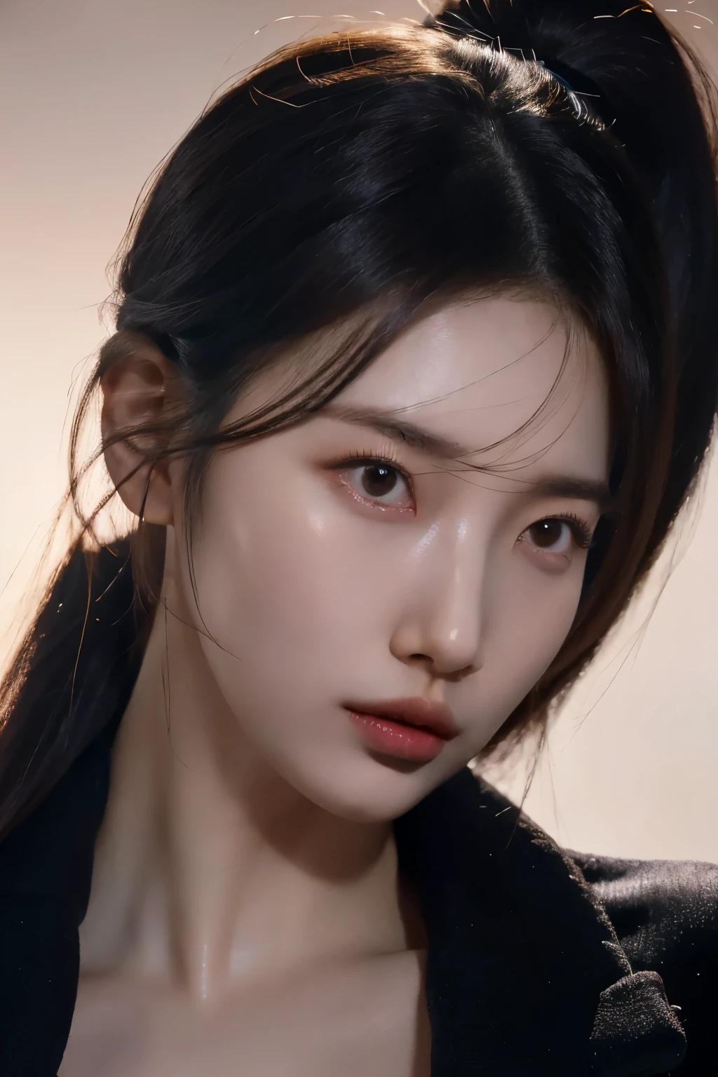 realistic, high resolution, soft light,1 woman, alone, hips up, (detailed face), decorations, toucho,black mafia clothes, Ponytail hairstyle, black hair, My hair is very long., looking for audience, touch, messy hair, close up, small breast, adult, mafia girl boss