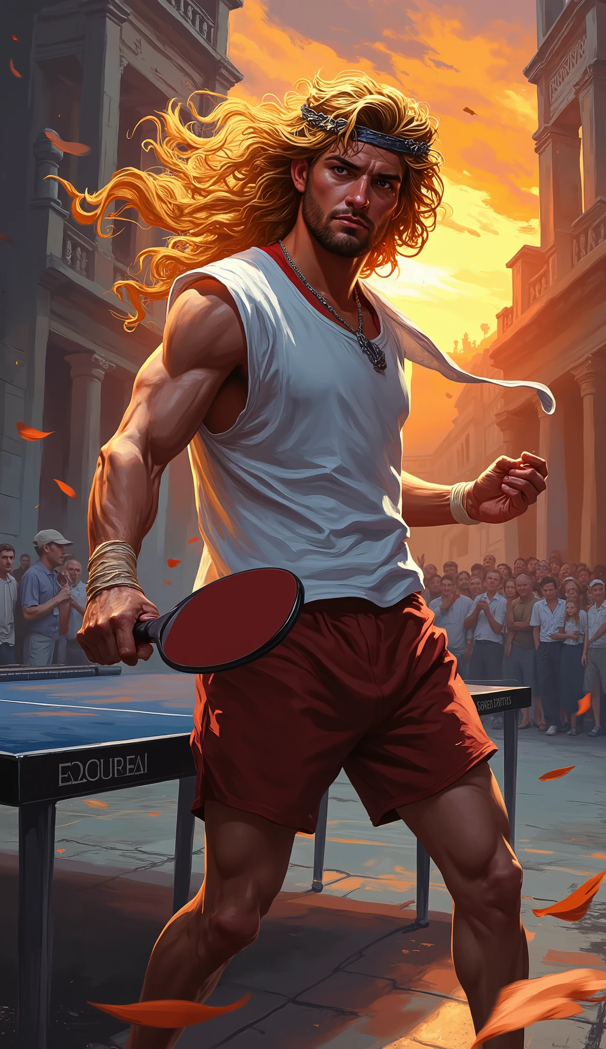 greek god Apollo, perfect, years with golden mid-lenght curly hair ,((no facial hair:1.6)), (wearing modern sport outfit), holding table tennis racket ,dynamic pose,(full body), laurel wreath, dynamic pose, (table tannis table behind him), ((professional tennis table player pose: 1.8)) 4K, high details, (digital painting), ((oil painting:2.2)), energy sparks, energetic, dynamic pose, masterpiece, high quality , high contrast, strong light, sunrise