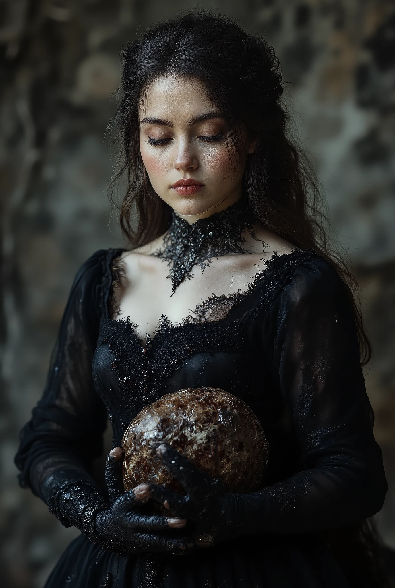 a woman in a black corset posing with a giant egg,rococo ́ of ebony,rococo´ negro natalie shau tom bagshaw,artistic style tom bagshaw,dark and intricate Victorian Gothic,inspirado en Hedi Xandt,elegant corset,por Tom Bagshaw y Boris Vall. Vista de cuerpo completo,la de zapatillas de cristal