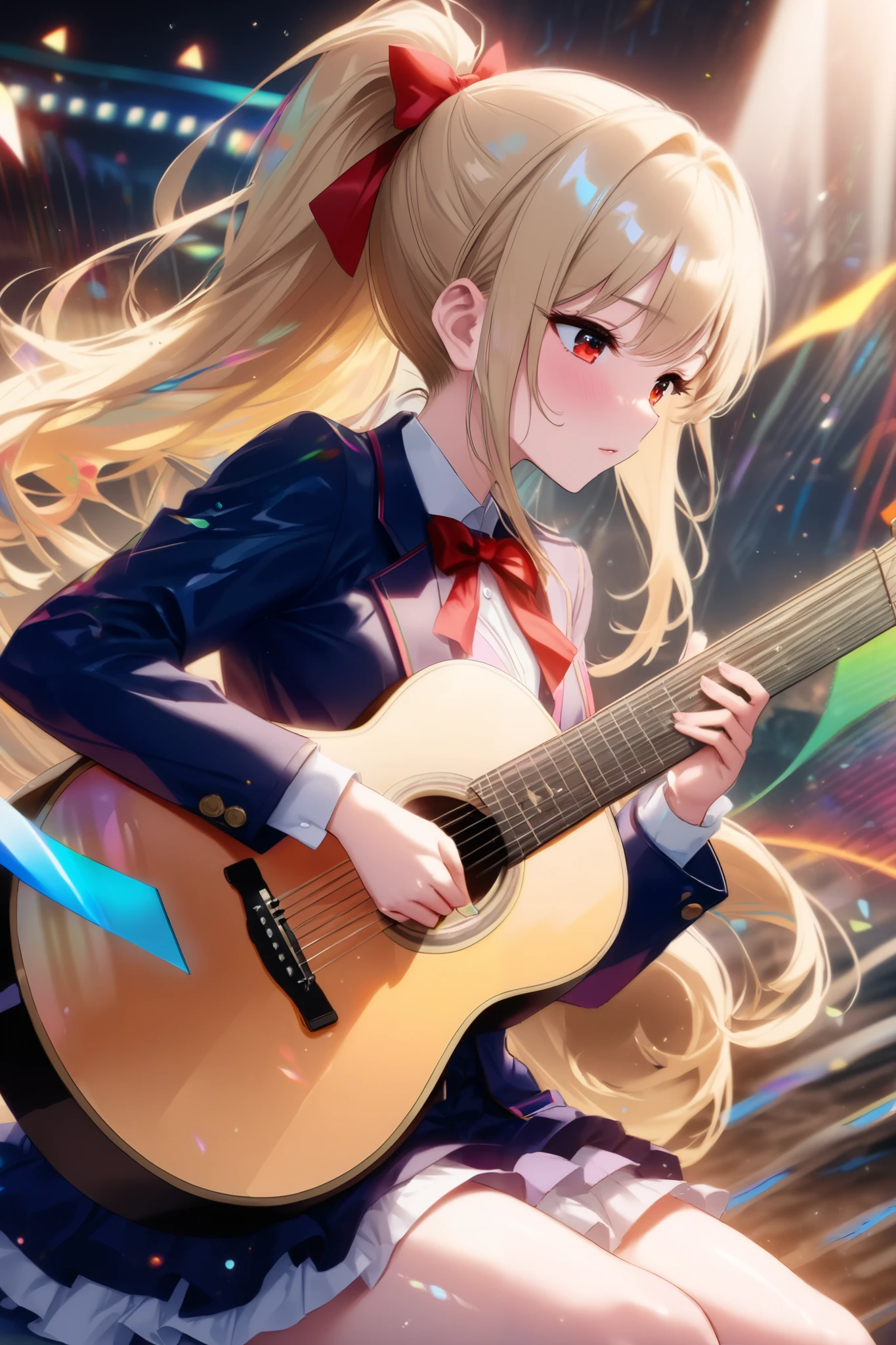  (masterpiece),(absurdres),(ultra detailed),(beautiful detailed),colorful splash art:1.2,chaos:1.1, colorful energy-Stream,cute、 beautiful、looking down:1.2,side view,half-closed eyes,(Colorful shiny music-score:1.4),mysterious,playing acoustic Guitar:1.1,Fantastic,(solo girl),(20-year-old),(blonde hair:1.0),(shiny red eyes:1.1),(highponytail:0.9),(a little red ribbon;1.0),(long hair:0.8),(big breast:0.8),(()),(fantasy blue blazer),(()),フラン,