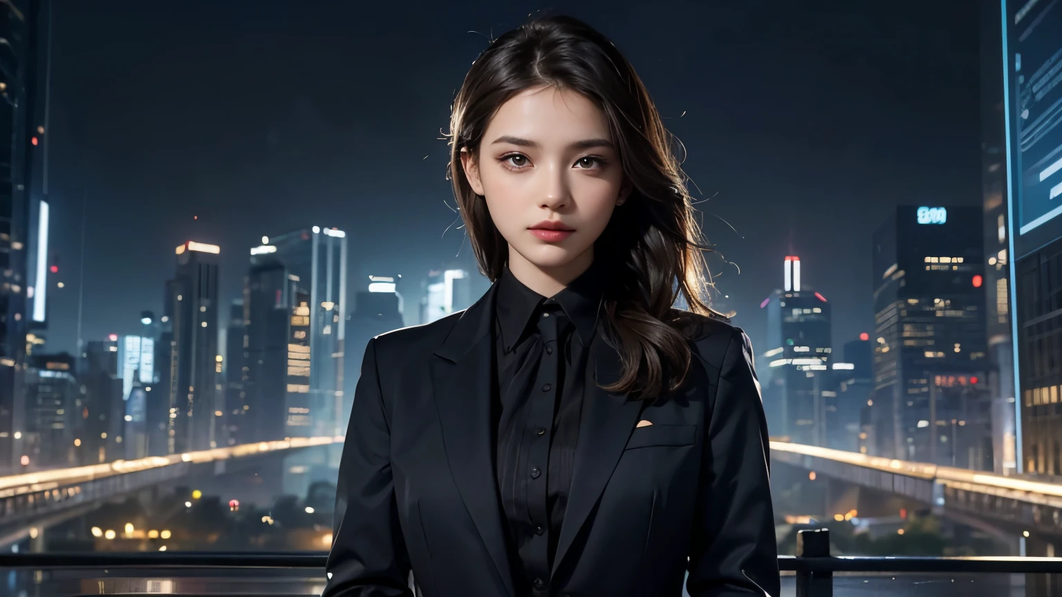 Masterpiece, best quality, ultra high res, realistic, (photorealistic:1.4), photography, rule of third, 1girl, black hair, (the girl wearing business suit), black tie, (at the top of building:1.1), night, city light, cinematic lighting, 80s filter, detailed face , looking at viewer, cowboy shot