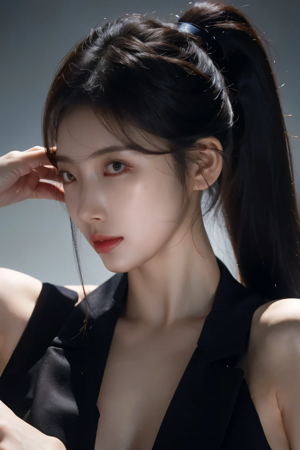 realistic, high resolution, soft light,1 woman, alone, hips up, (detailed face), decorations, toucho,black mafia clothes, Ponytail hairstyle, black hair, My hair is very long., looking for audience, touch, messy hair, close up, small breast, adult, mafia girl boss