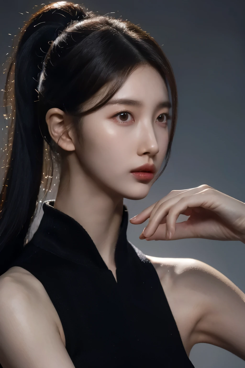 realistic, high resolution, soft light,1 woman, alone, hips up, (detailed face), decorations, toucho,black mafia clothes, Ponytail hairstyle, black hair, My hair is very long., looking for audience, touch, messy hair, close up, small breast, adult, mafia girl boss
