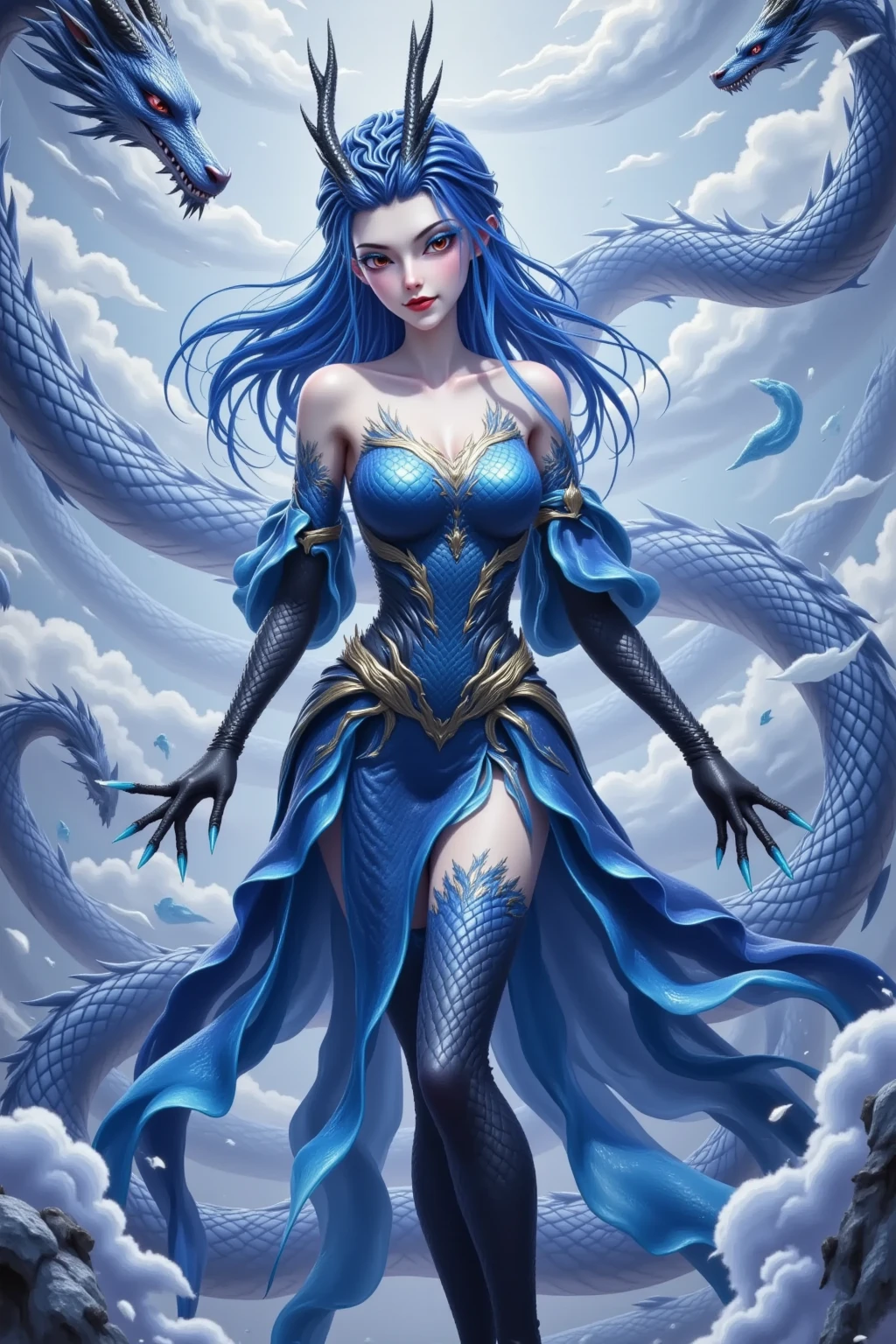 Beautiful girl, blue dragon, victory, dragons