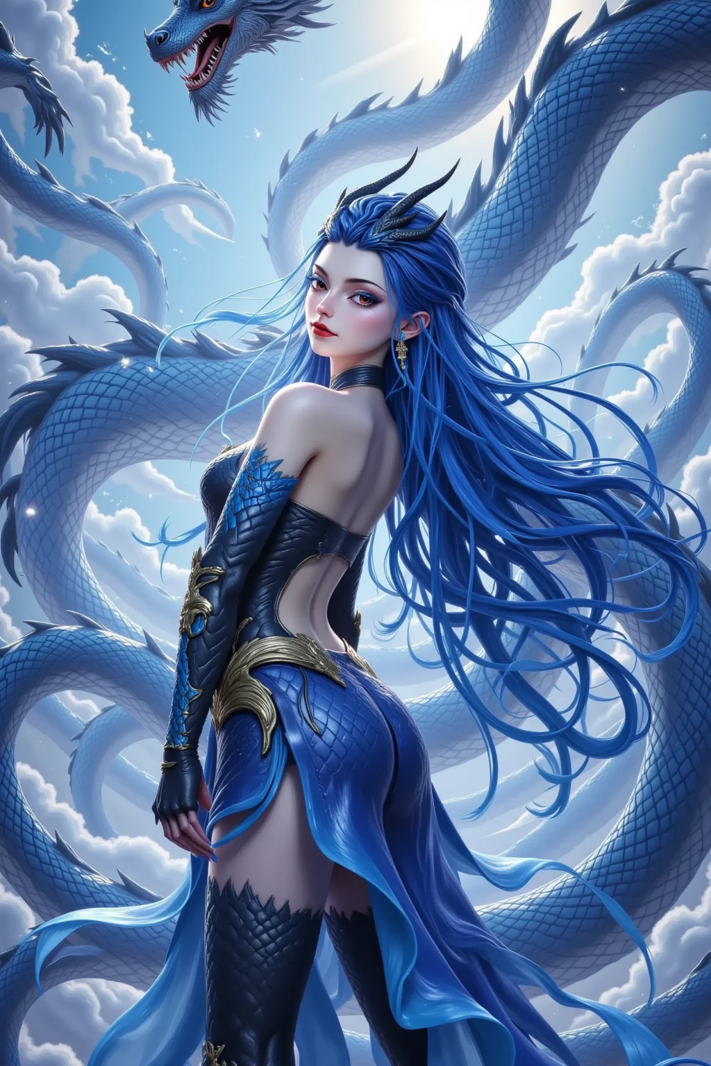 Blue long-haired goddess with dragon horns, tail, scales, claws, underwear, bare feet and full body,Sea