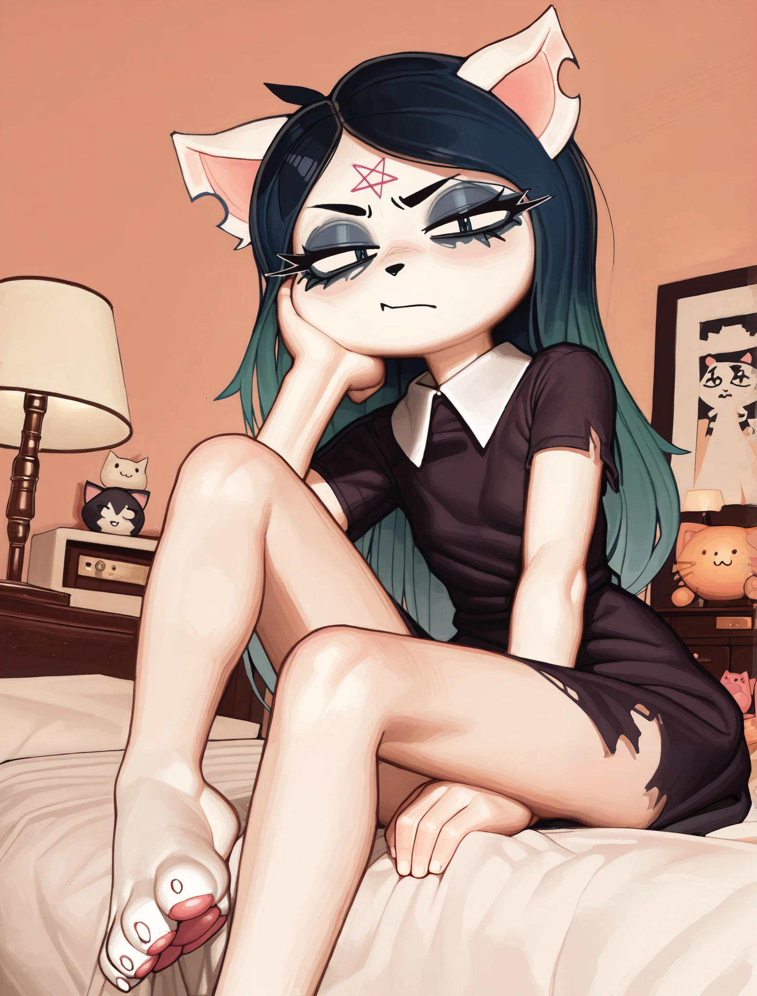 [Claire], [the summoning], [Uploaded to e621.net; (Pixelsketcher), (wamudraws)], ((masterpiece)), ((HD)), ((high res)), ((solo portrait)), ((full body)), ((bird's-eye view)), ((feet visible)), ((furry; anthro)), ((detailed fur)), ((detailed soft shading)), ((beautiful render art)), {anthro; (slim figure), white fur, black nose, (cat ears), (cut on left ear), long blue hair, (bang over left eye), (pink pentagram on forehead), (cute blue eyes), (short eyelashes), (indigo eyeshadow), (camel toe), (curvy hips), (beautiful legs), (beautiful feet), (expressionless)}, {(short sleeve white-collared black dress), (navel), (white panties visible)}, {(laying on bed), (laying on back), (legs spread open), (looking at viewer)}, [background; (bedroom), (window), (nighttime), (starry sky), (ambient lighting)]