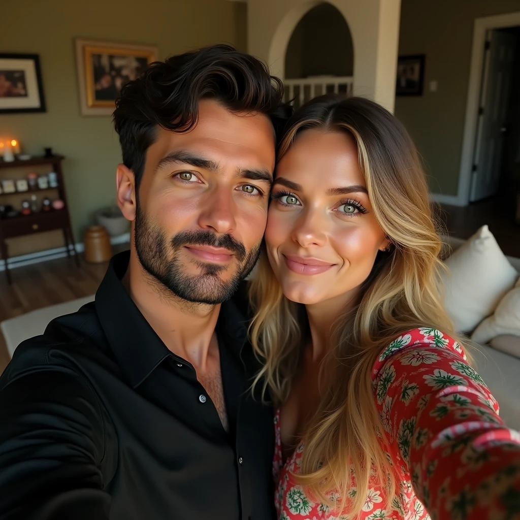 Couple charmant 45 ans, homme brun avec barbe courte et cheveux court, belle femme brune cheveux longs souriants lingerie dentelle