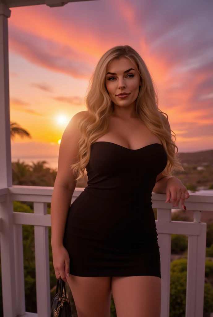 A natural woman, full Body View, curvy figure, ((hyperrealism)) , Blonde hair with light brown roots, straight blonde hair, very long hair, lovely expression, beautiful, Front view, full body, in wearing a black Satin evening dress , photo under the night Sky, high quality, Nikon D850 film stock photograph Kodak Portra 400 camera f1.6 lens, full body, sexy body, sexy body.