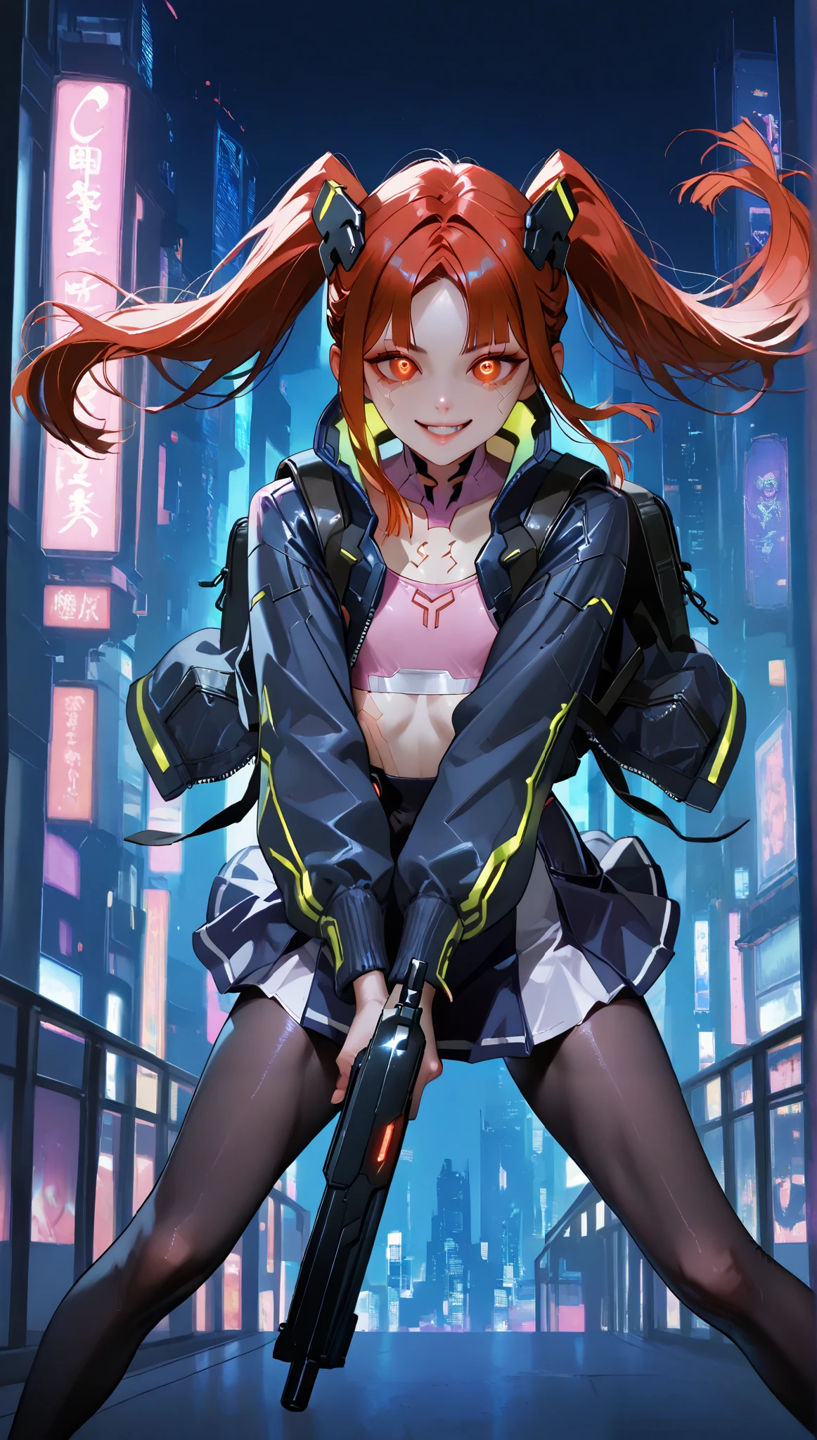 very aesthetic, 걸작, 고해상도, 8k 해상도, high contrast, semrealistic, newest, koreanai, best_quality, finely_detailed_eyes_and_detailed_face, 1 korean_여성, cyberpunk, edgerunners, cyberware, blue_eyes, glowing_eyes, red_hair, long_straight_hair, (twintail), slicked_hair, parted_bangs, (navy_jacket, pink_crop_tanktop, grey_tight_line_miniskirt, leather_backpack, black stockings, pantyhose), looking at viewer, (dynamic_pose, night city), front_view, cowboy_shot, skinny_body, (li), (flat_chest), (skinnybody:1.2),beautiful, pretty , cute, smile, teeth , holding_cyberpunk_shotgun