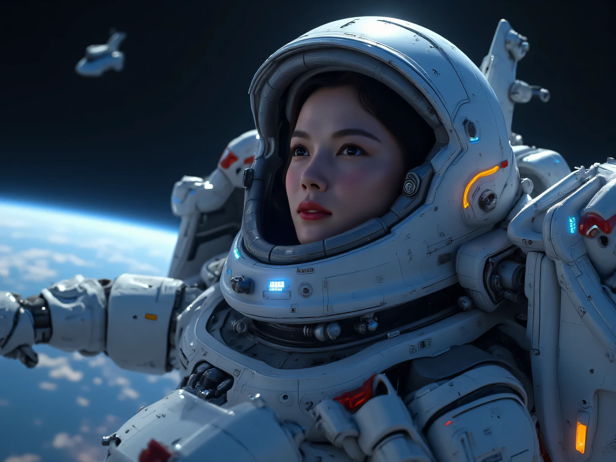 Astronaut wearing full gear,close up face view, floating in space ,planet earth and moon  in background, full of stars, magical view ,dark space, space shuttle nearby,photo realistic, 8k quality