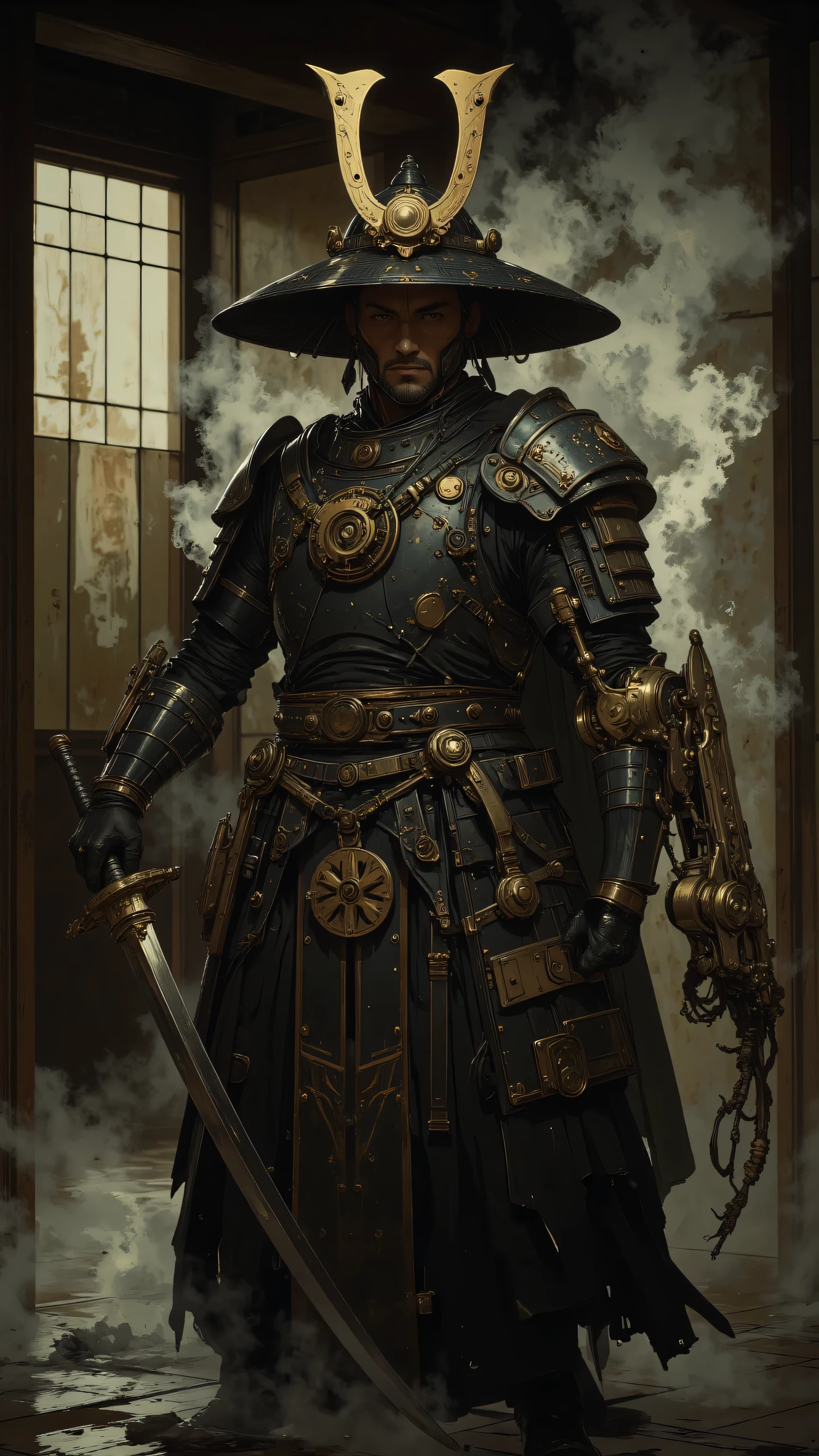 A traditional samurai waering a black Japanese straw hat stands in a dojo, seen from the front. His right arm is a slender steampunk mechanical arm with steam emanating from it, including gears and brass pipes. He holds a katana in one hand, poised and ready. The atmosphere in the dojo is dimly lit, with soft light filtering through paper screens. The samurai has a calm, focused expression, and his armor is a mix of traditional samurai plating and intricate steampunk design elements, including gears and brass pipes. His posture is strong and balanced, exuding an aura of both ancient tradition and futuristic innovation.