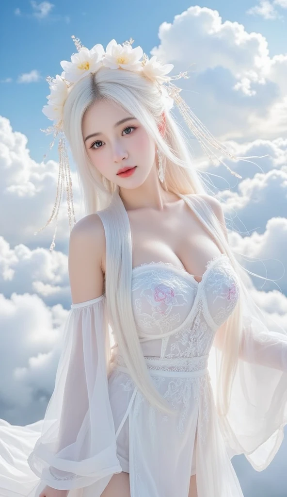 highest quality、8k Masterpiece、超A high resolution、(Photorealistic:1.3)、RAW Photos、1 girl、Silver-white clothing、Long dress、Party Dresses、Silver charm on the ankle、Silvery white high heels、Silvery white super long hair、Long Hair、Glowing Skin、1. Super-beautiful Cyberpunk Soldiers、((Ultra-Realistic Details))、Portrait、Global Illumination、Shadow、Octane Rendering、8k、Super sharp、Beautiful breasts、Metal、Cold colors、、Very intricate details、Realistic Light、CGSoation Trend、Beautiful Eyes、Shining Eyes、To the camera、Neon Details、20age、Too cute face、Intelligence、Obscene、Sexy、Moe、smile、whole body、Healthy Body、Manhattan at night in the background、Helipad on a high-rise building、love、Charm、mischievous、More sexy、Hands on chest、Make your background more vibrant、Future、Angle to toes、Whiter skin、Standing posture、More realistic facial features、Retrospective、wide shot、full body、More realistic Japanese faces、Panoramic view of buildings、Angel、The goddess