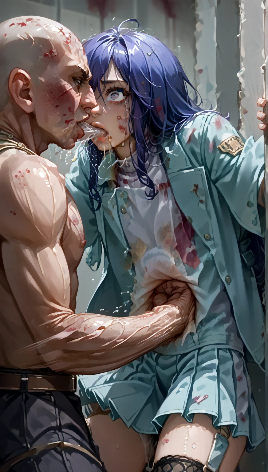 "RPG, A Machiavellian man and European ancestry, messy purple hair, Athletic, completely naked, holding and kissing his athletic, nude, pink-haired girlfriend, amidst a shattered dark melancholic environment, guweiz style art, RPG art."