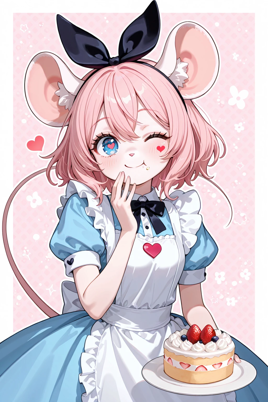 solo, 1girl\(cute, kawaii,small ,pink hair,blue eyes,detailed pupils, wearing dress\(alice in wonderland\),mouse girl, mouse ear,big eyes,smile,eating cake,cute pose,wink,furry,anthro\). BREAK .background\(simple,cute,heart mark symbols\). BREAK .. BREAK .masterpiece, high score, great score, very aesthetic, high resolution, ultra-detailed, absurdres, newest