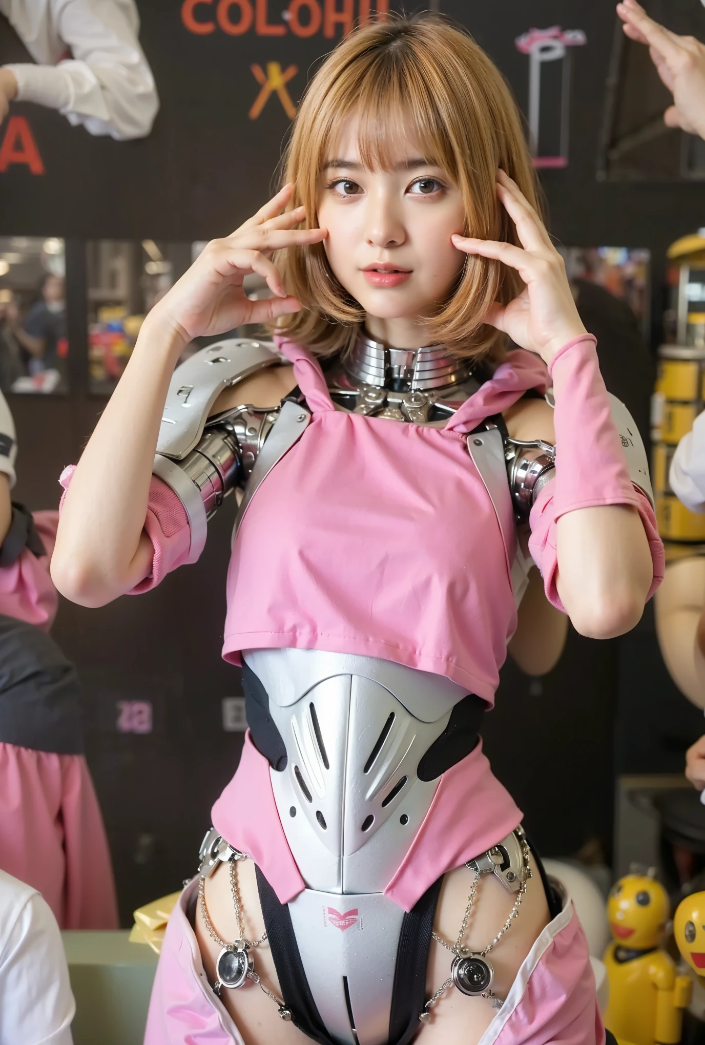 (Completely live action:1.37), (Amazingly realistic textures:1.37), (masterpiece, best quality:1.2), (8k uhd, 16k, 32k, ultra high res), amazingly realistic skin, amazingly realistic photo, superrealism, (photorealistic:1.37), (RAW photo), ultimately realistic, (ultimately realistic all details), (ultimately realistic all textures), super realistic lighting, super realistic shadow, (japanese girl:1.5), ((young face)), smiling, happy, super realistic face, ultimately realistic skin, ultimately realistic eyes, (amazing droopy eye makeup:1.35), ultimately realistic background, ultimately realistic detail up, kkw-ph1, ((amazing droopy eyes, amazingly intricate details, Anatomically perfect hands, mechanical body, mechanical chest, mechanical legs, mechanical arms, machine armour))