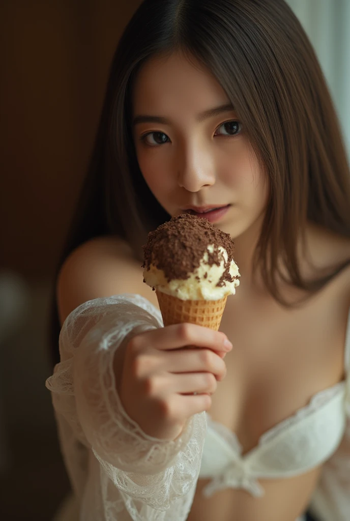 Small woman showing her nipples while eating a oreo ice cream