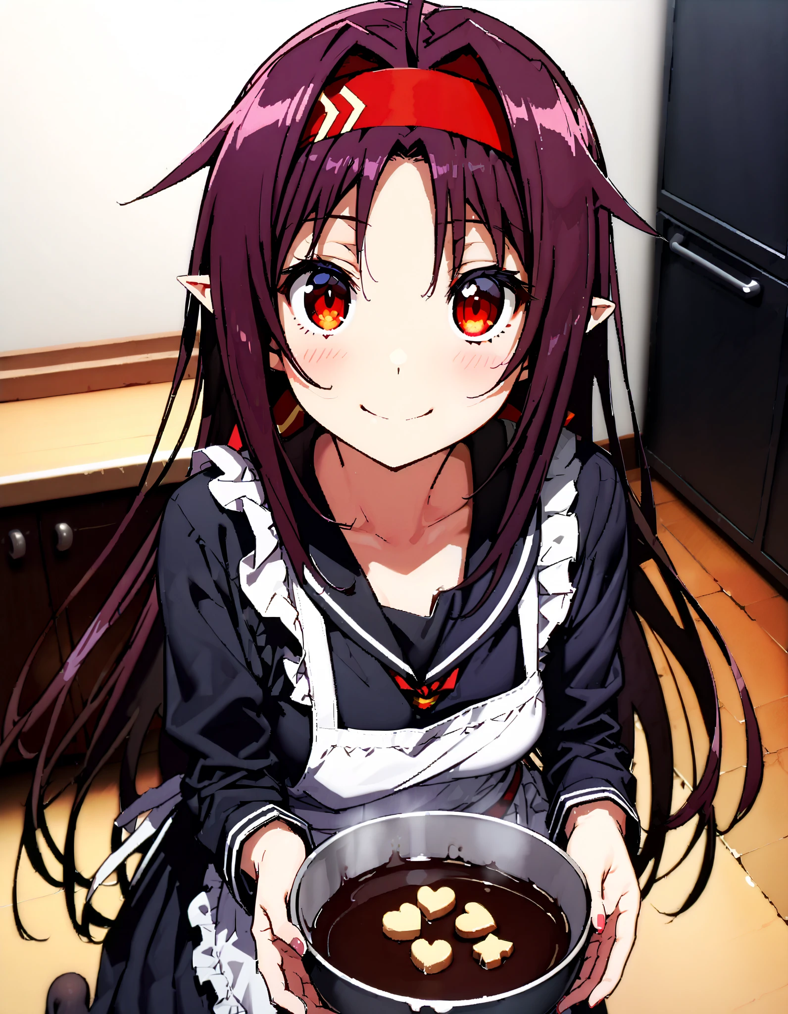 yuukikonno, Konno Yuuki,Alone, Red Hairband , long hair, stupid hair, pointy ears, purple hair, red eyes ,smile,blush, mouth,Black sailor suit, Long Sleeve, black mini skirt, black pantyhose, ruffle apron,Mixing melted chocolate in a bowl , heart-shaped cookie molds and chocolate treats on the countertop,whole bodyがイラストに入るように,
break indoors, kitchen,
break looking at viewer,whole body,
break ( Masterpiece:1.2), top quality , kampala, Unity 8k Wallpaper,(shape:0.8),( fine, beautiful eyes :1.6),It's a person ,whole body写真,CG Details , ( perfect hand, Complete Anatomy),