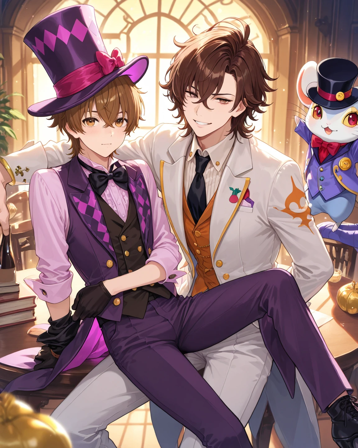 (​masterpiece:1.2), ultra-detailliert, 2male,yaoi,gay male playboy bunny,grin,gay couple,casino