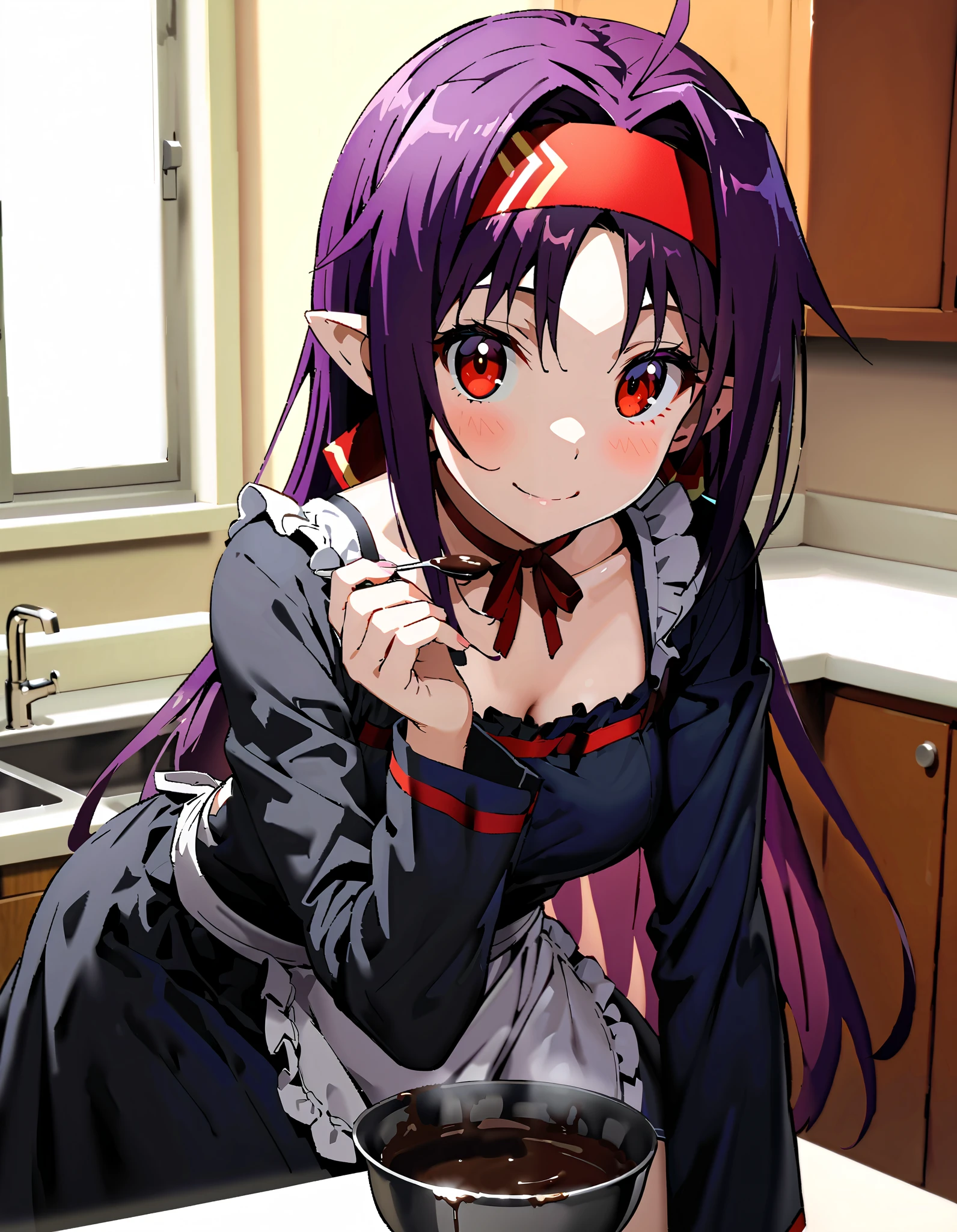 yuukikonno, Konno Yuuki,Alone, Red Hairband , long hair, stupid hair, pointy ears, purple hair, red eyes ,smile,blush, mouth,Black sailor suit, Long Sleeve, black mini skirt, black pantyhose, ruffle apron,Mixing melted chocolate in a bowl ,,whole bodyがイラストに入るように,
break indoors, kitchen,
break looking at viewer,whole body,
break ( Masterpiece:1.2), top quality , kampala, Unity 8k Wallpaper,(shape:0.8),( fine, beautiful eyes :1.6),It's a person ,whole body写真,CG Details , ( perfect hand, Complete Anatomy),