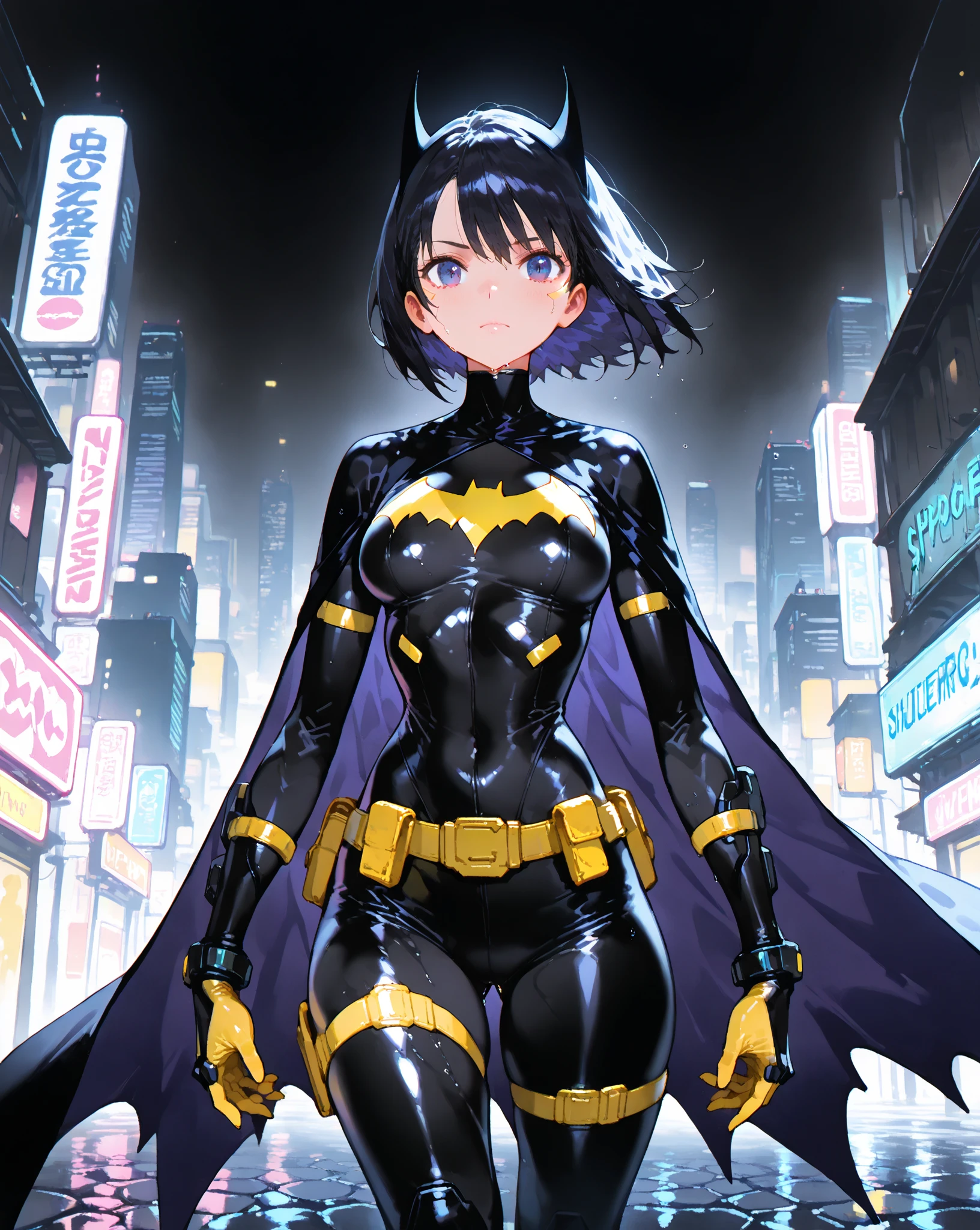 （（（best qualtiy））），（（（ultra - detailed））），（（（tmasterpiece））），（（（manga book））），Cool female superhero，Female Batman，The action is exaggerated and handsome，Batman's signature move，Dynamic，Voice bubbles，Fighting，bang between eyes，The background is the ruins of the city after the Great War，Epic cinematic footage。