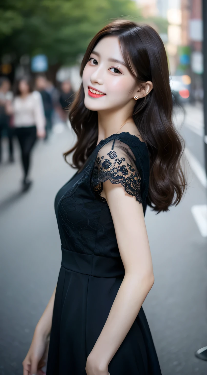 （（ best quality，8k， Masterpiece：1.3）），  1 girl，  laughs，  full body lesbian， Slim face，  beautiful woman， （ Dark Brown Hair），  long dress ：1.1，  very detailed face，   fine eyes ， Double eyelids，  blur the background， Slim face， ，   outside ， street， lace pantyhose 、Taken from a woman's side、 by Nomi:1.4、