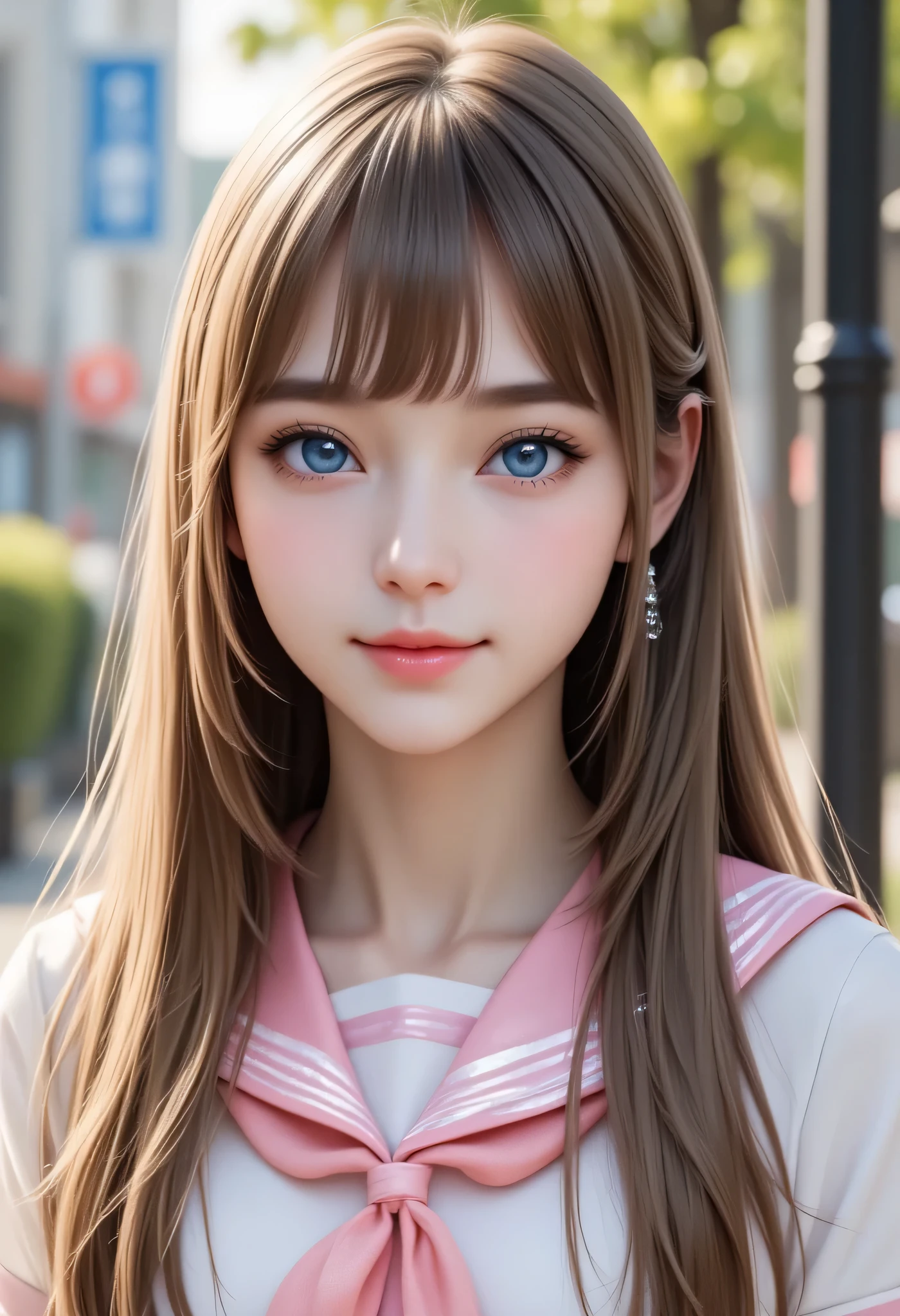 (super cute young face:1.5),
(sparkling clear attractive large glowing eyes:1.5), (japanese idol face:1.5),very beautiful cute girl,(:1.4),(thirteen uisite smooth and silky long brown straight hair,fair skin,(happy cheerful smile),professional portrait,
(super shiny  metallic pink and white sailor high school uniform:1.2), (metallic pink pleated skirt :1),
transparent holographic metallic pink sailor collar, happy cheerful smile,narrow waist,in the street,(very thin makeup)