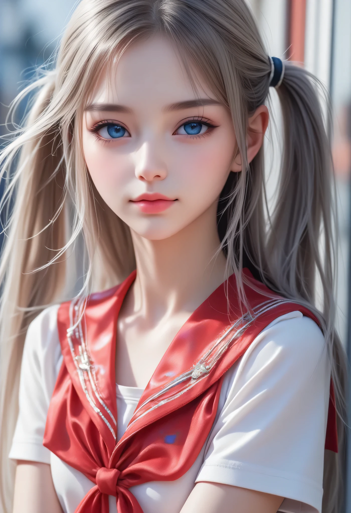 (super cute young face:1.5),
(sparkling clear attractive large glowing eyes:1.5), (japanese idol face:1.5),very beautiful cute girl,(:1.4),(thirteen uisite smooth and silky long brown straight hair,fair skin,(happy cheerful smile),professional portrait,
(super shiny metallic red and white sailor high school uniform:1.2), (metallic red pleated skirt :1),
transparent holographic metallic red sailor collar, happy cheerful smile,narrow waist,in the street,(very thin makeup)